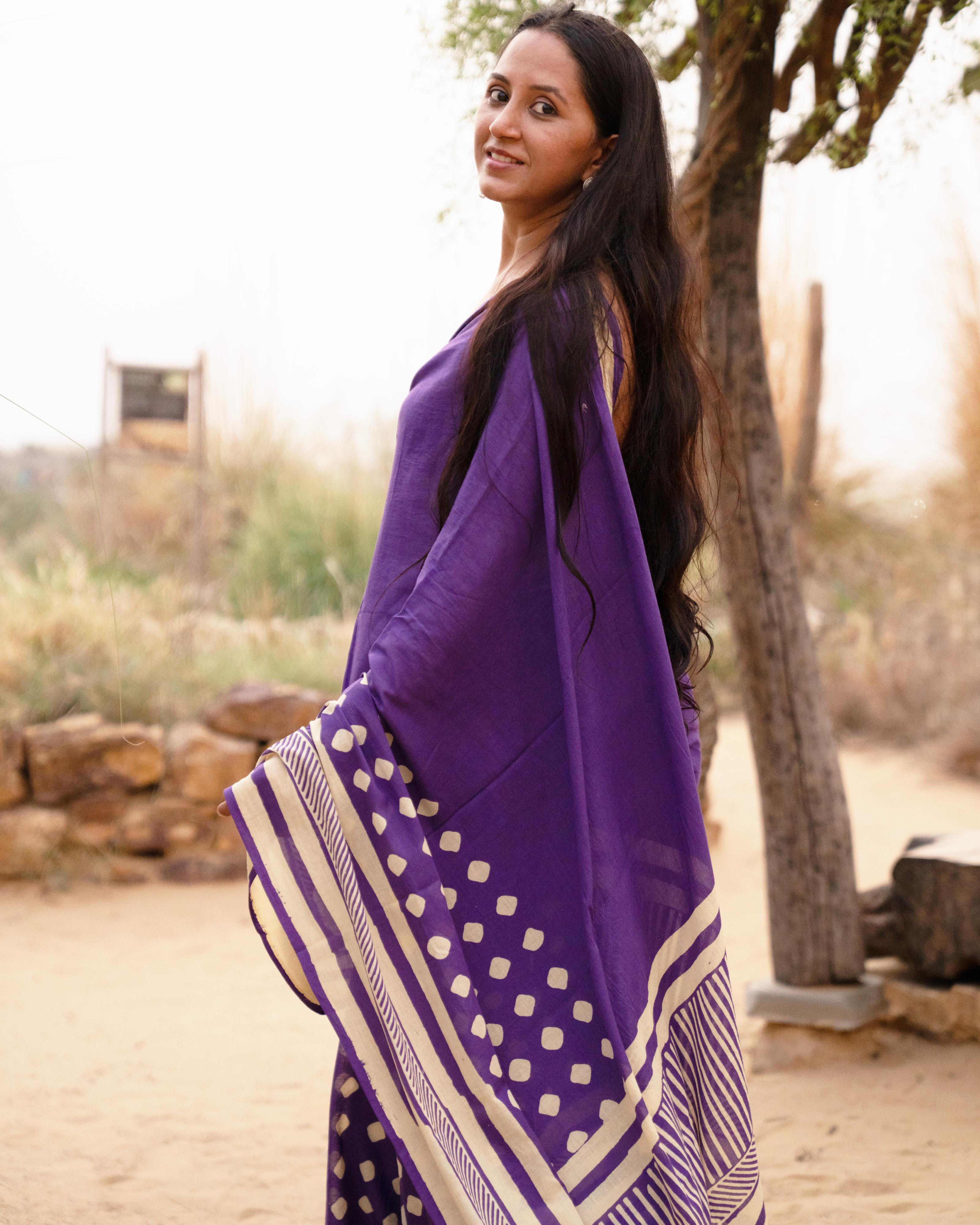 Violet Dot Hand Block Printed Mul Saree with Tassels