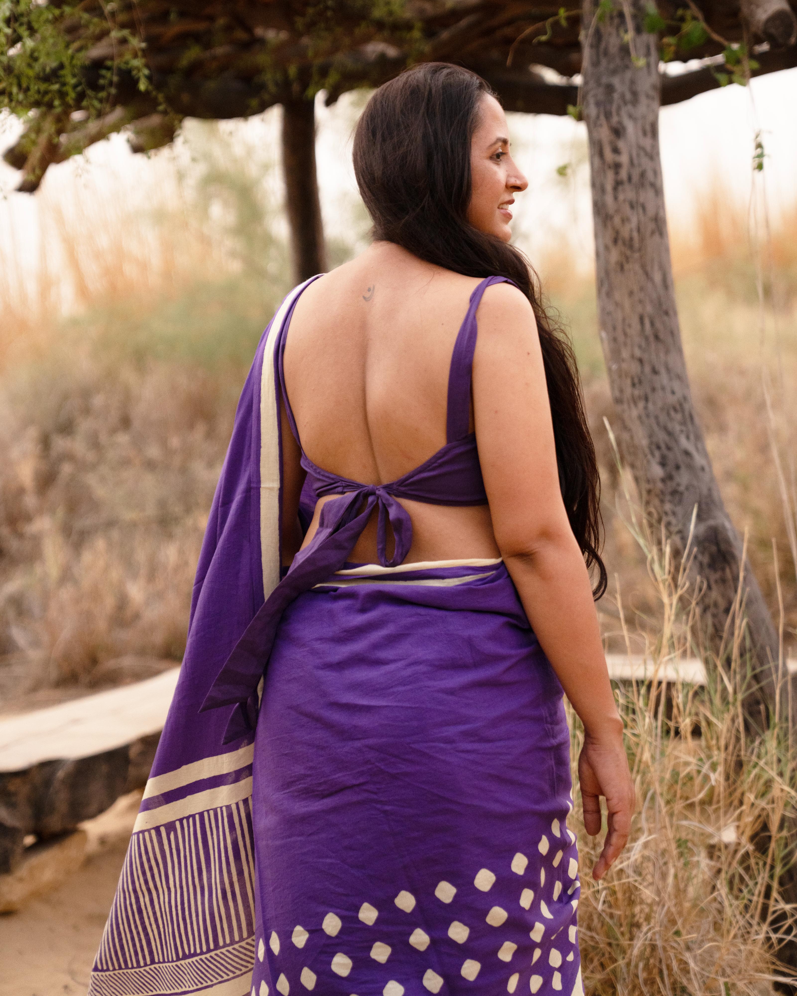 Violet Dot Hand Block Printed Mul Saree with Tassels