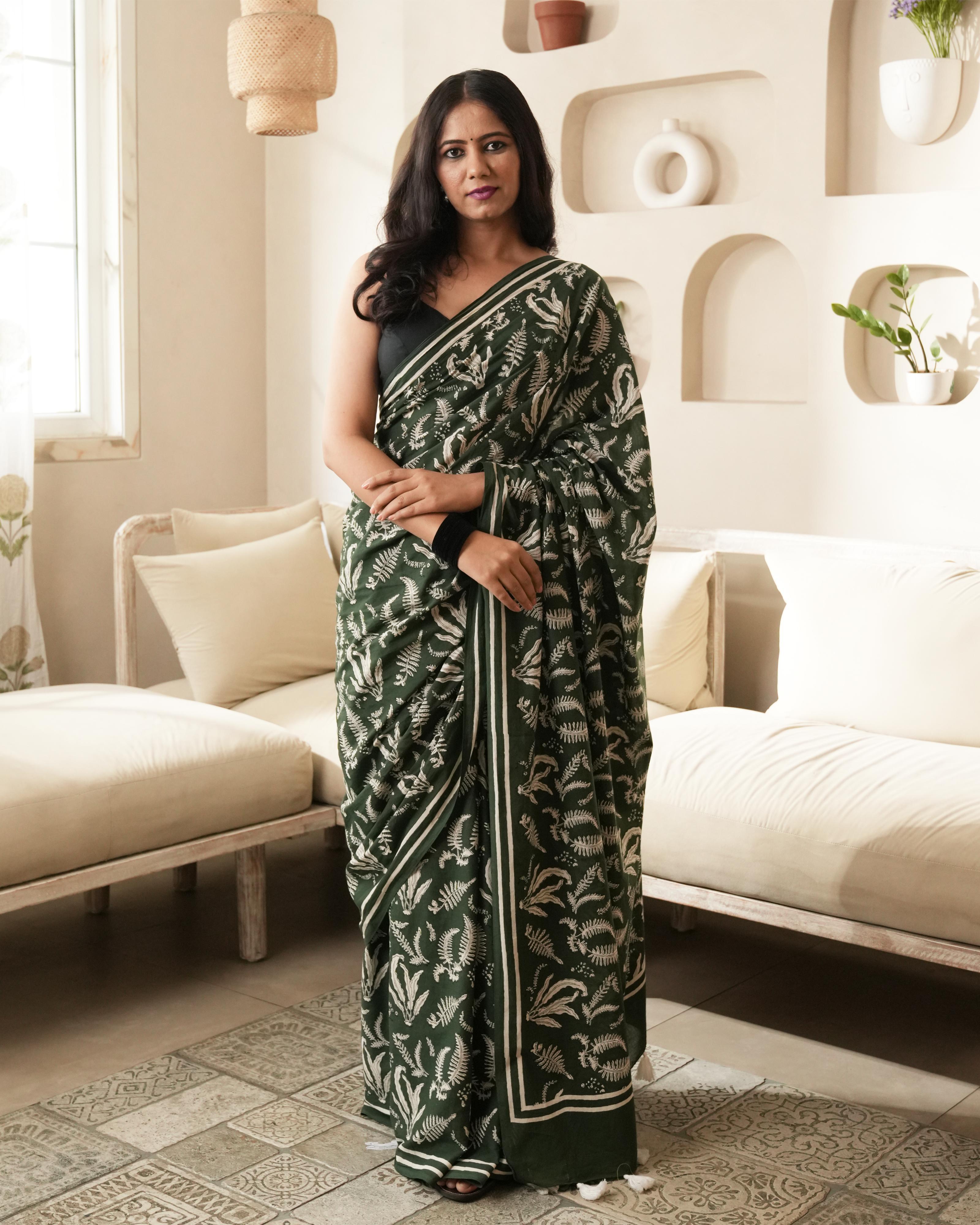Green Hand Block Printed Mul Saree with Tassels