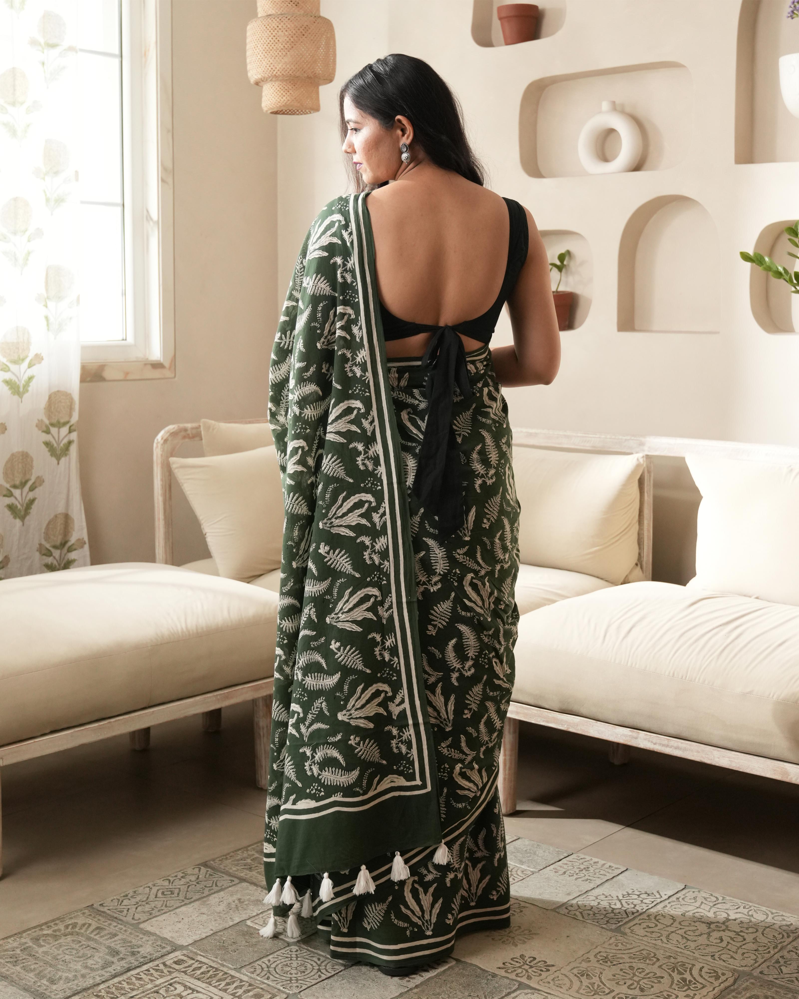 Green Hand Block Printed Mul Saree with Tassels