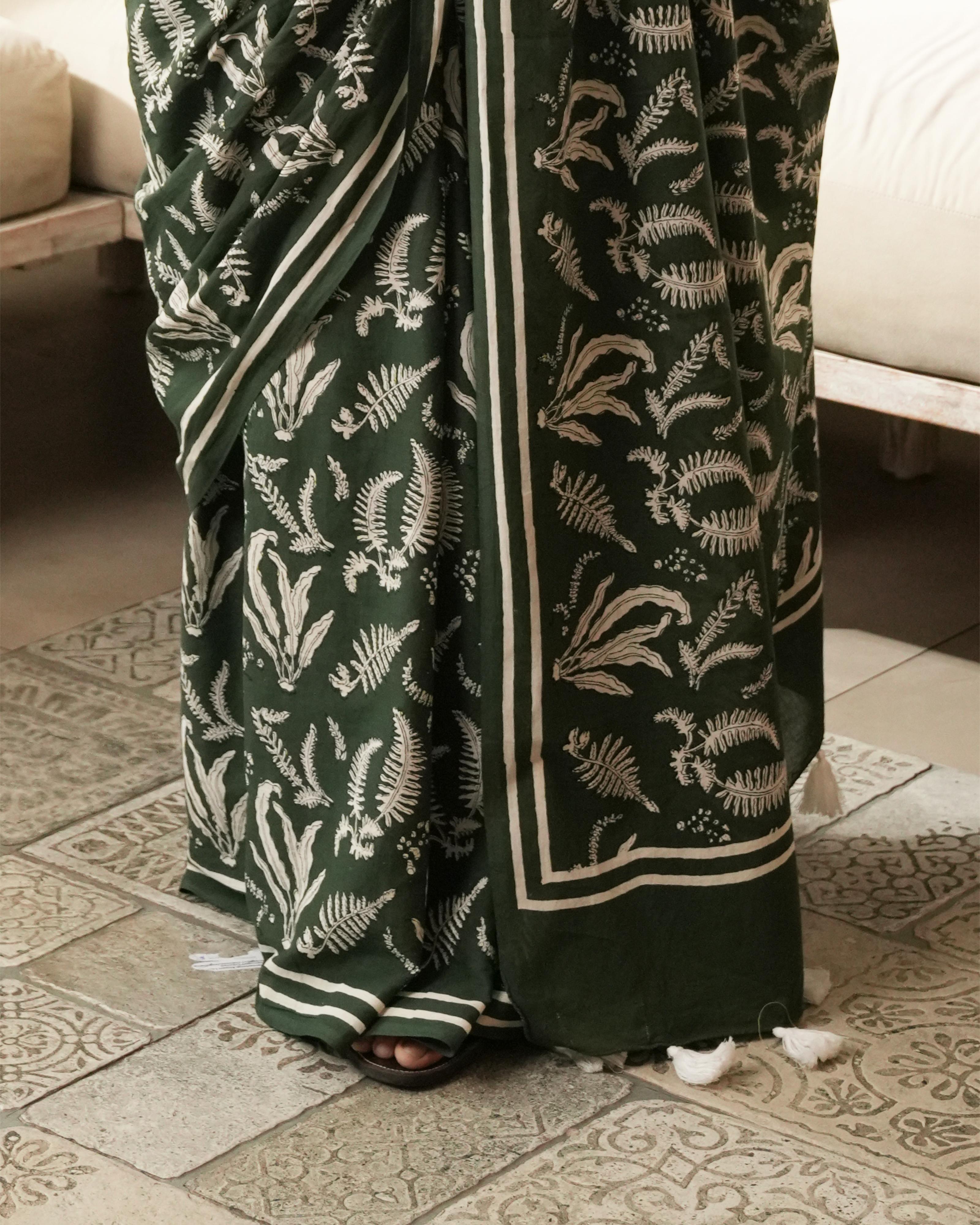 Green Hand Block Printed Mul Saree with Tassels