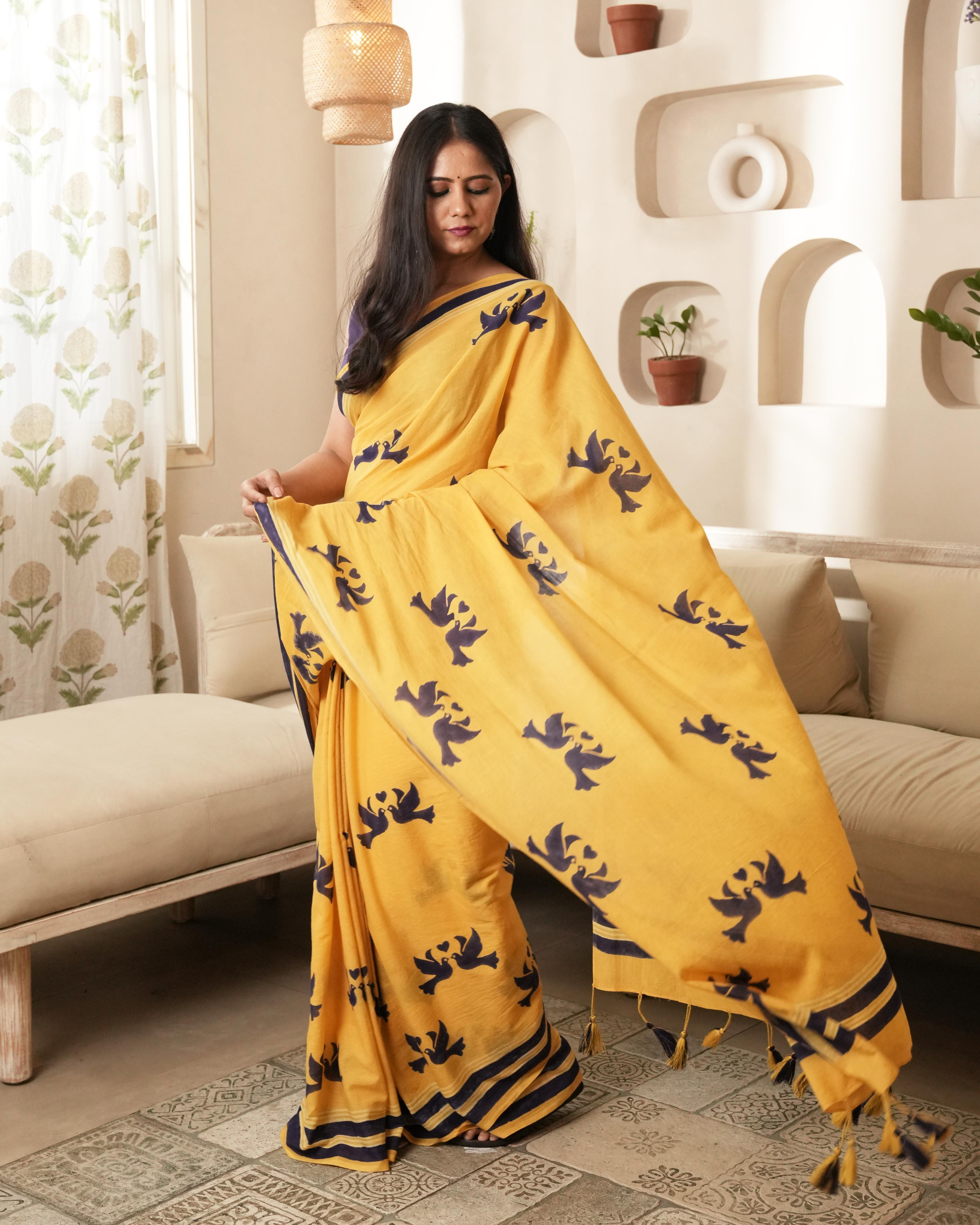 Yellow lovebird Hand Block Printed Mul Saree with Tassels