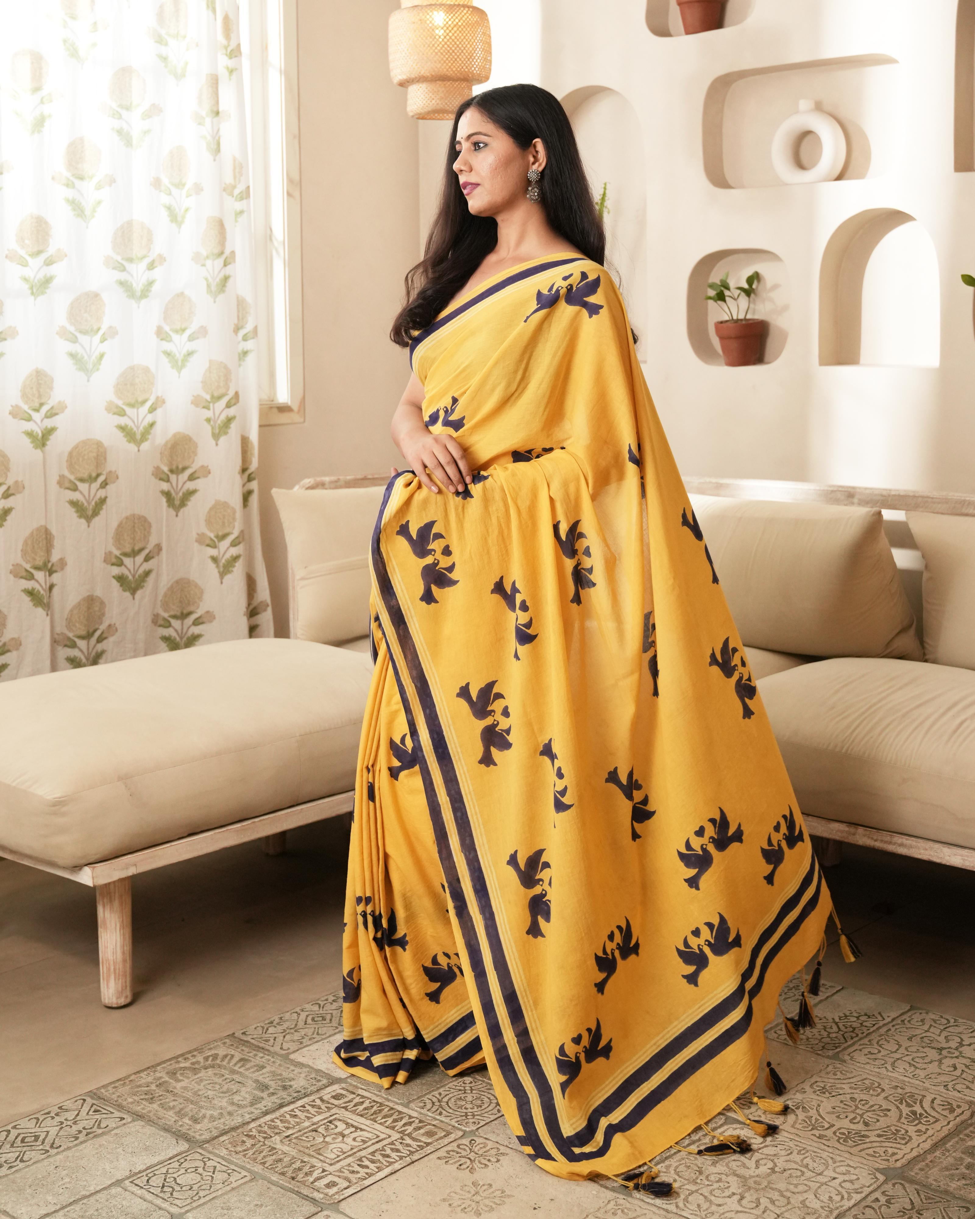 Yellow lovebird Hand Block Printed Mul Saree with Tassels
