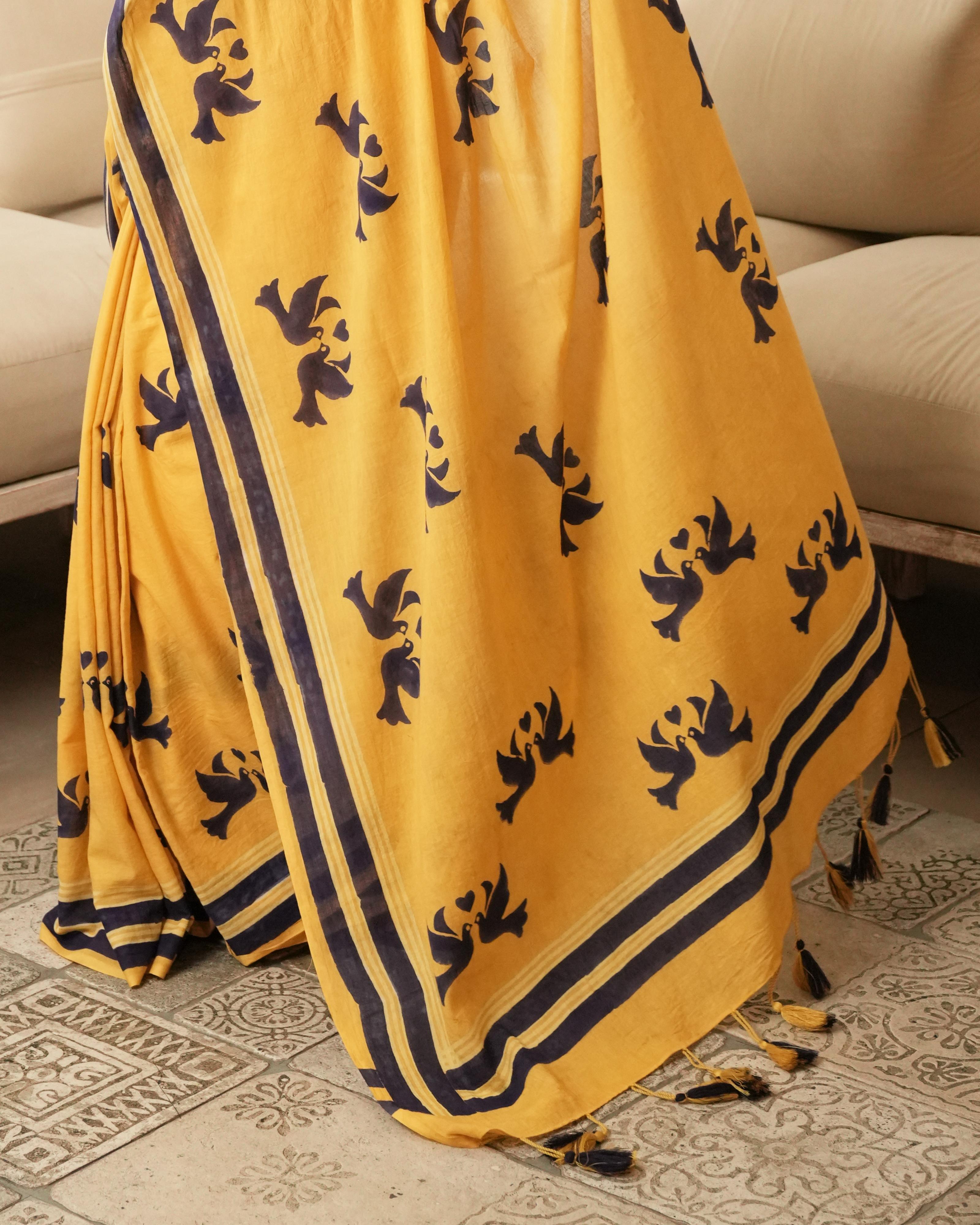 Yellow lovebird Hand Block Printed Mul Saree with Tassels