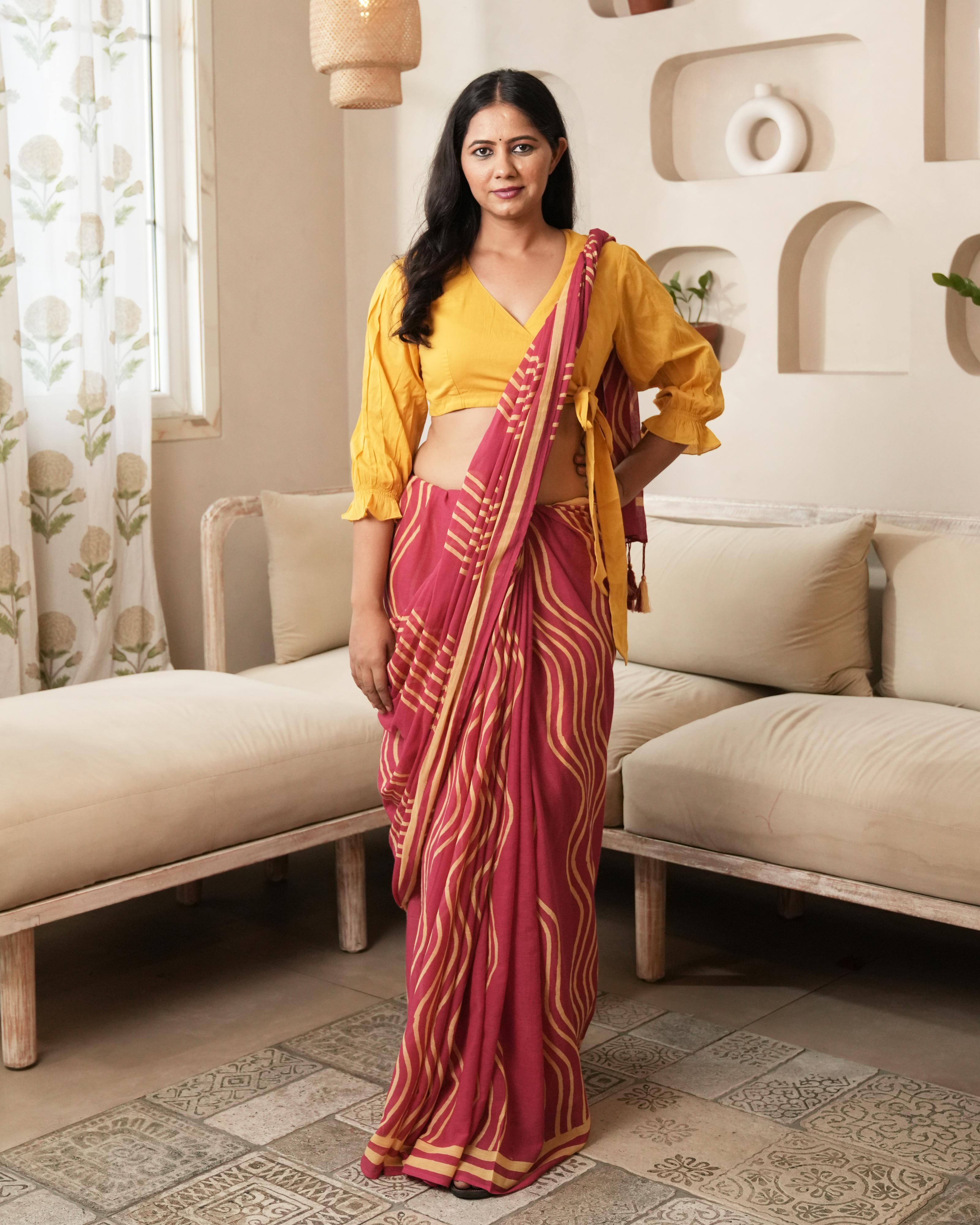 Pink Waves Hand Block Printed Mul Saree with Tassels