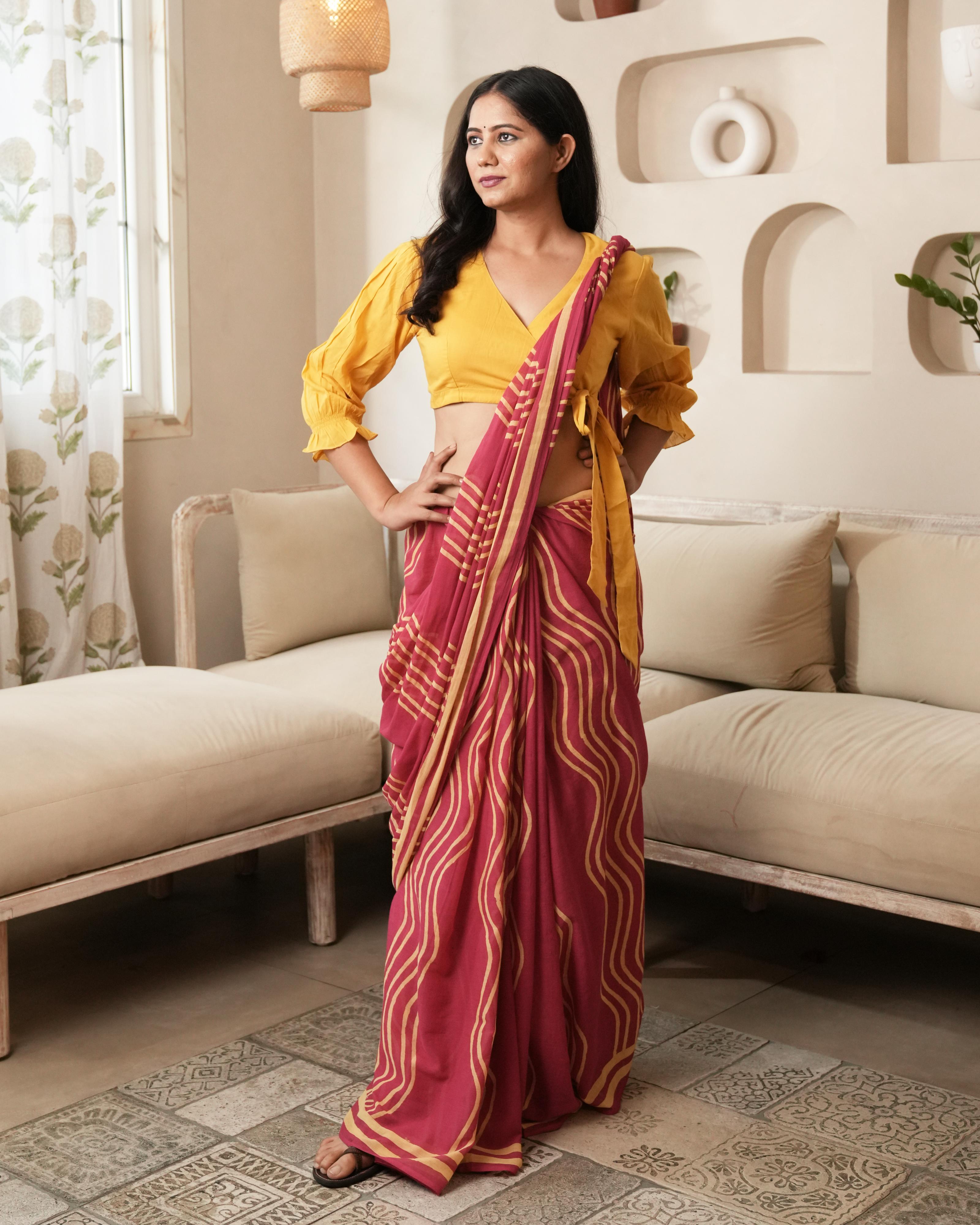 Pink Waves Hand Block Printed Mul Saree with Tassels