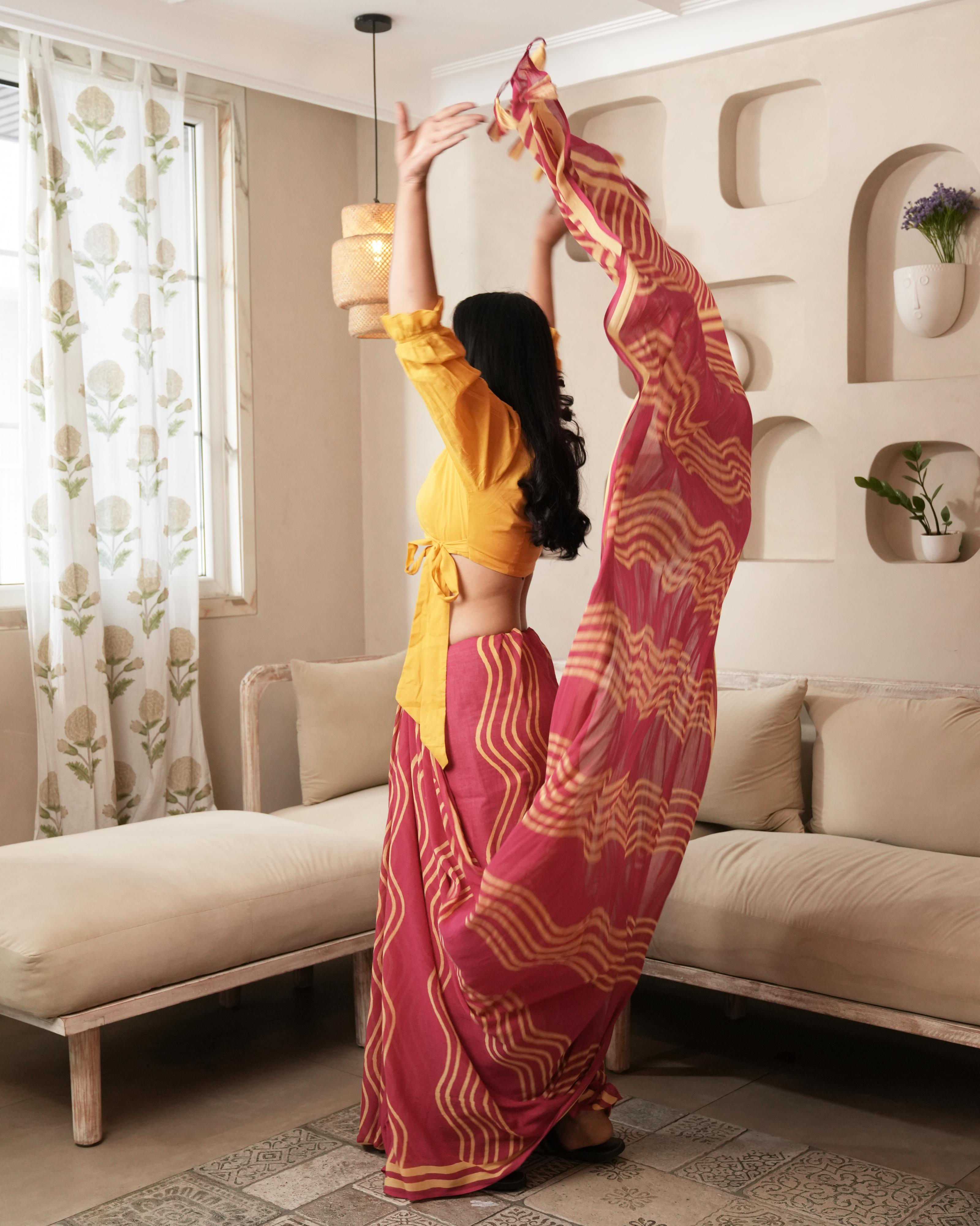 Pink Waves Hand Block Printed Mul Saree with Tassels