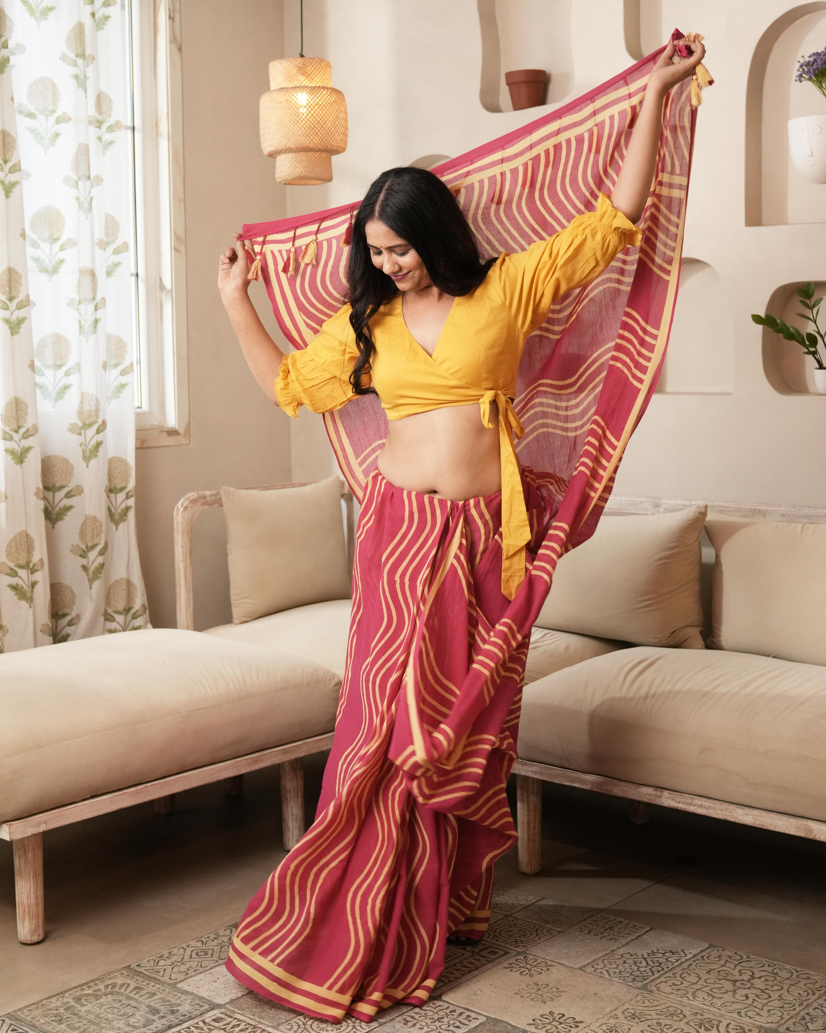 Pink Waves Hand Block Printed Mul Saree with Tassels