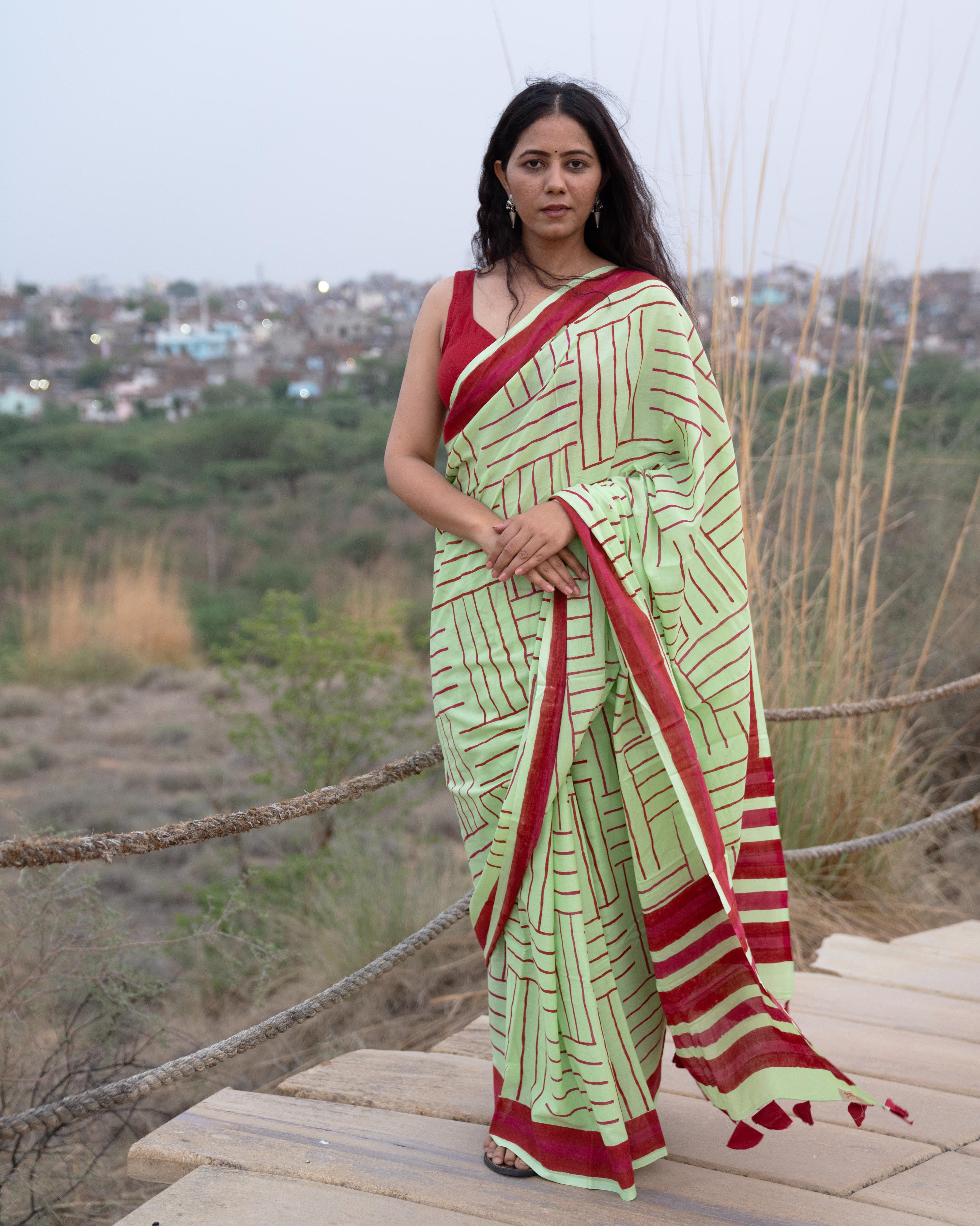 Mint Green Lines Hand Block Printed Mul Saree with Tassels