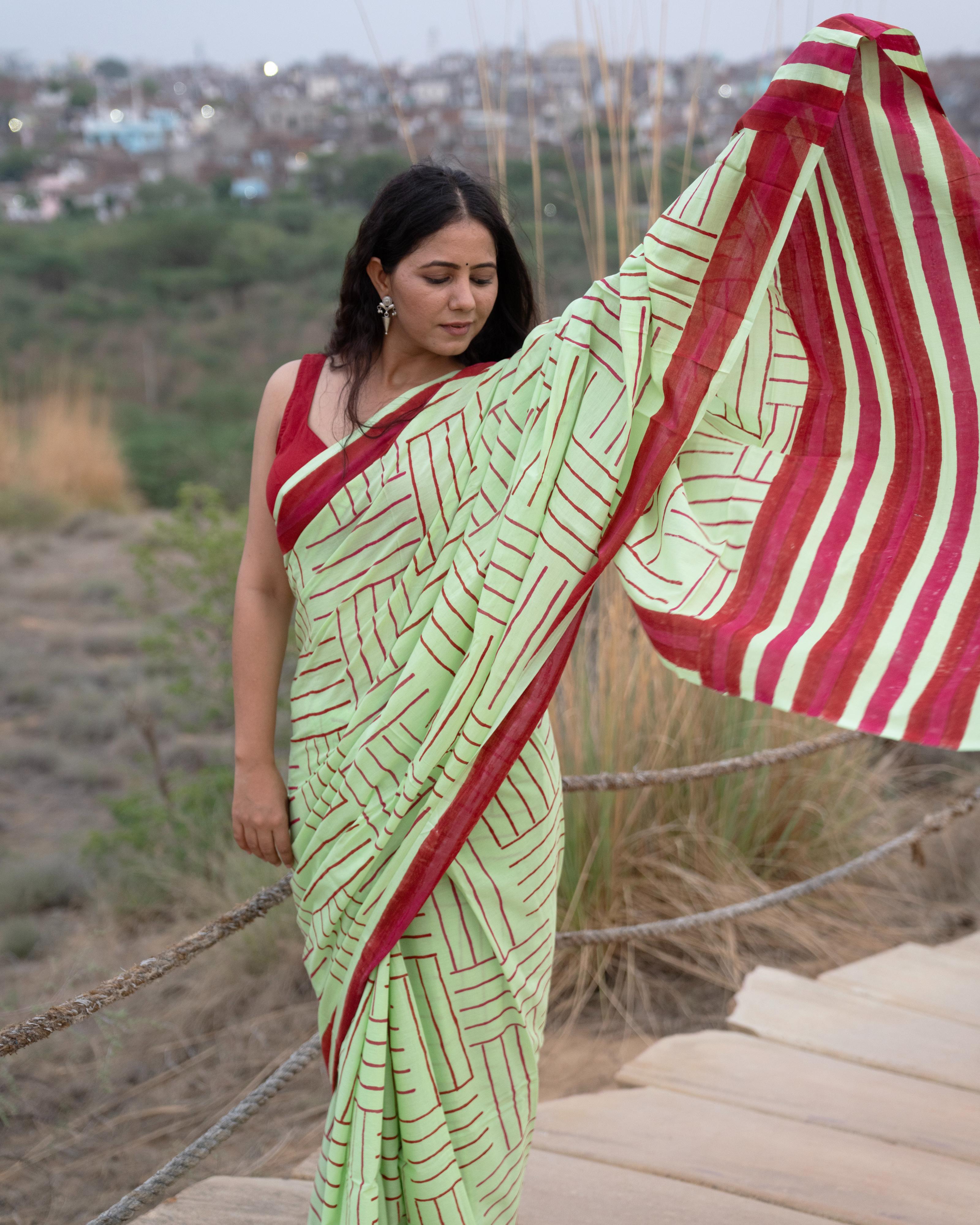 Mint Green Lines Hand Block Printed Mul Saree with Tassels
