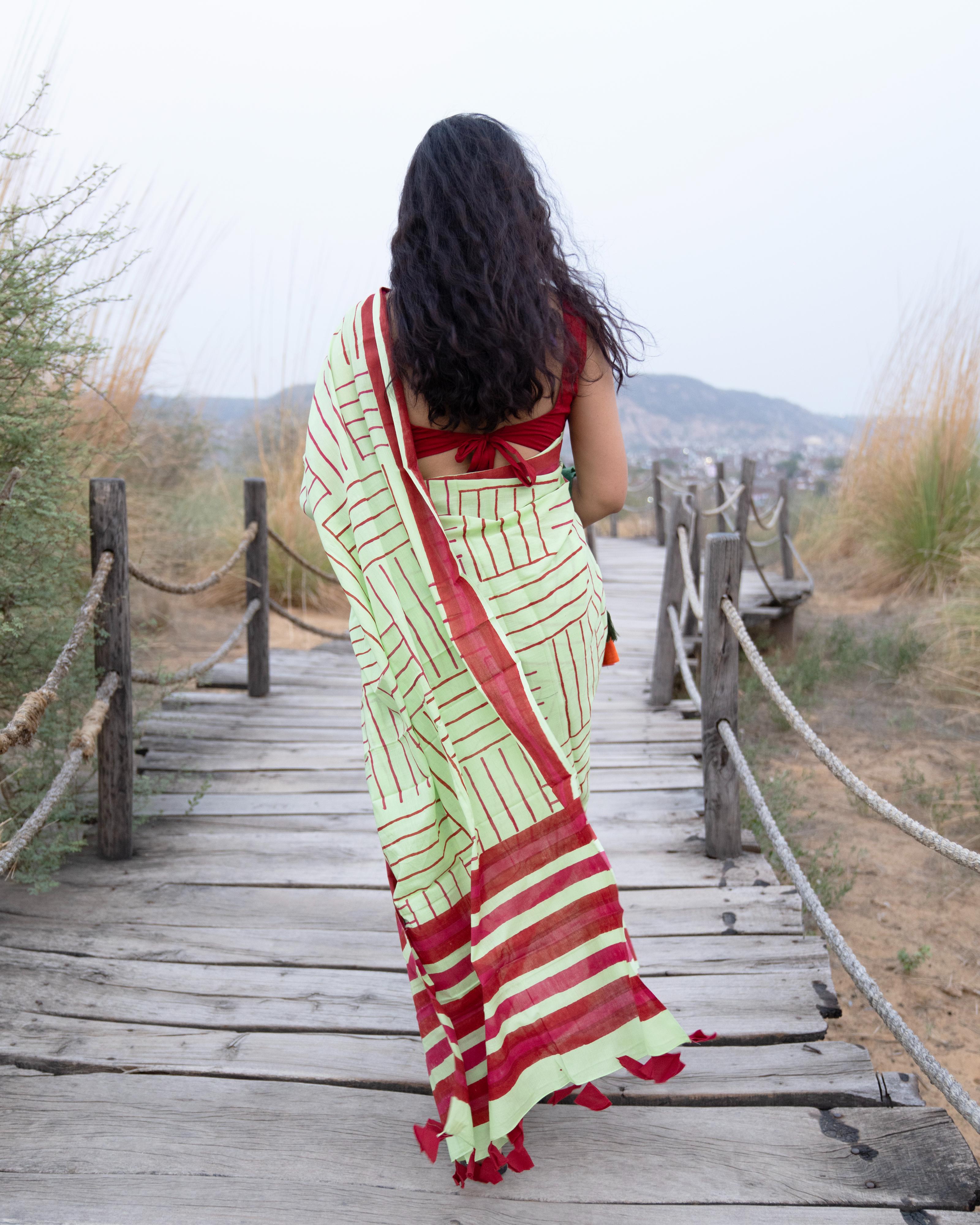 Mint Green Lines Hand Block Printed Mul Saree with Tassels