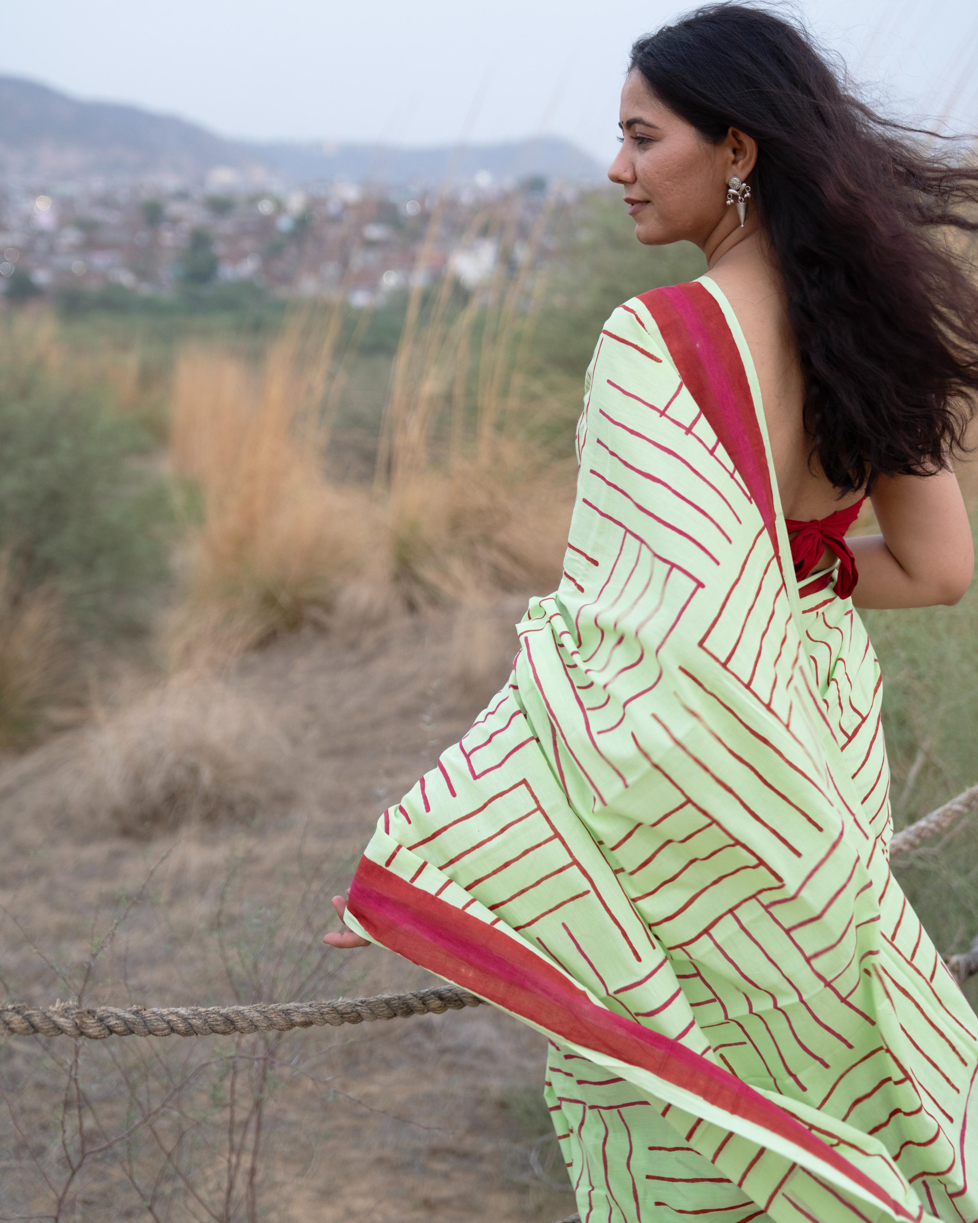 Mint Green Lines Hand Block Printed Mul Saree with Tassels