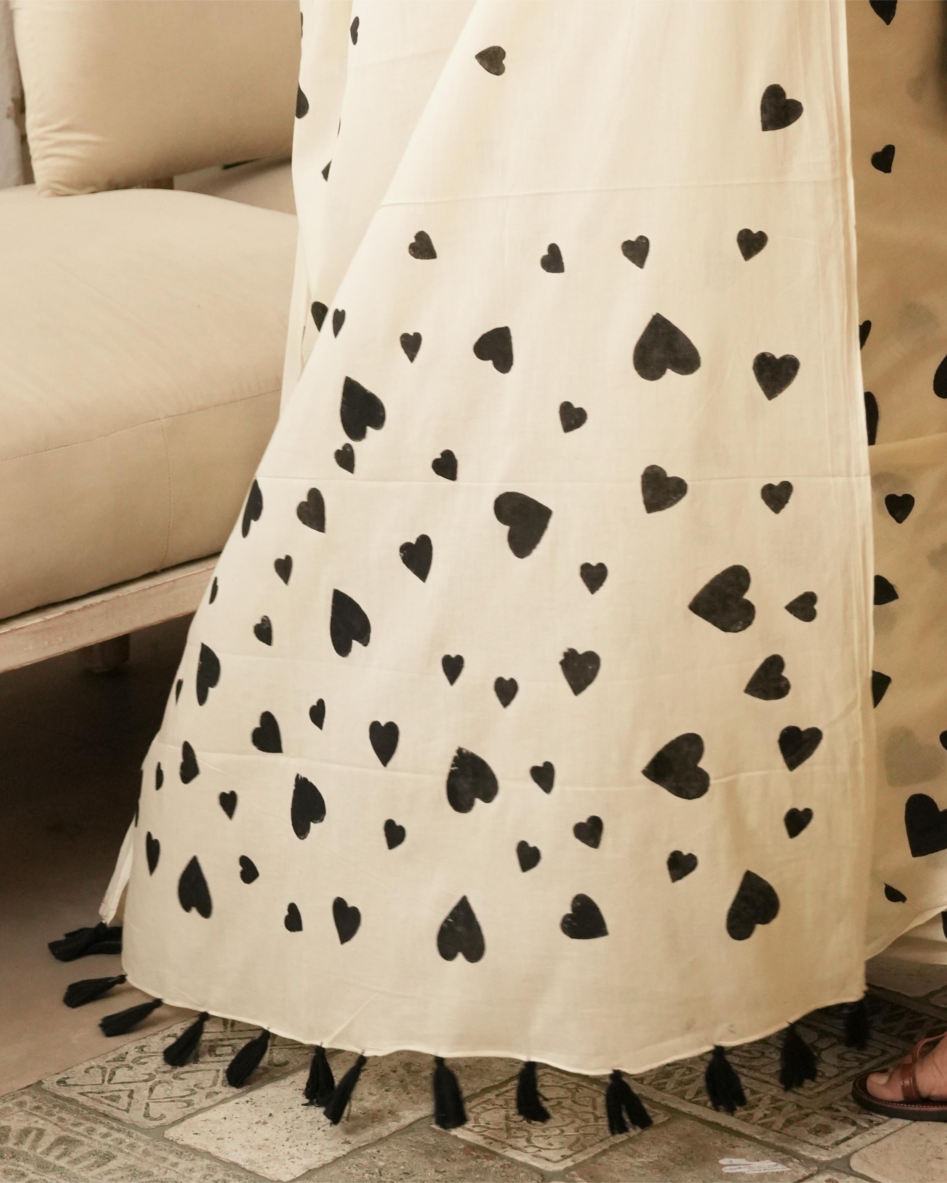 Ivory Heart Hand Block Printed Mul Saree with Tassels