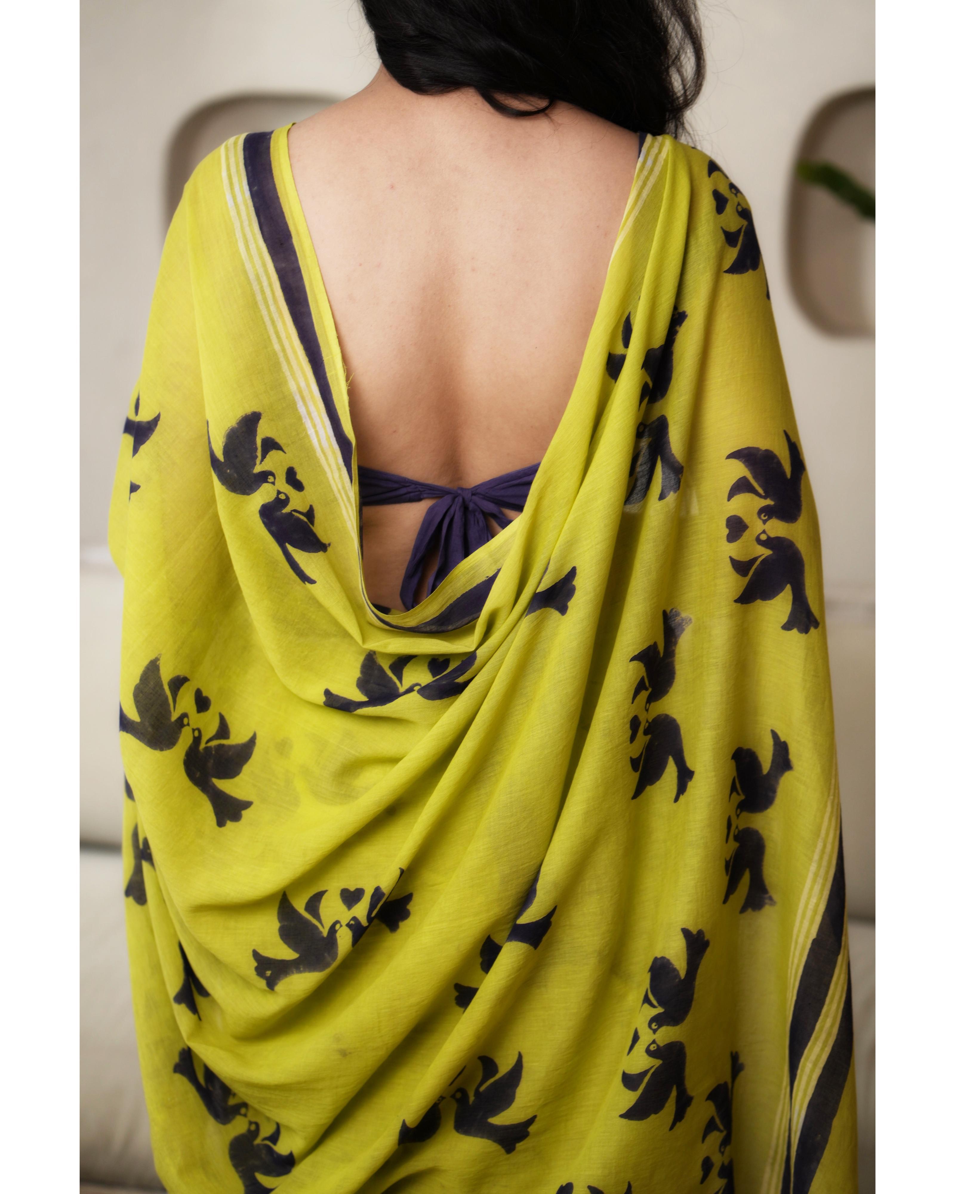 Green Lovebird Hand Block Printed Mul Saree with Tassels