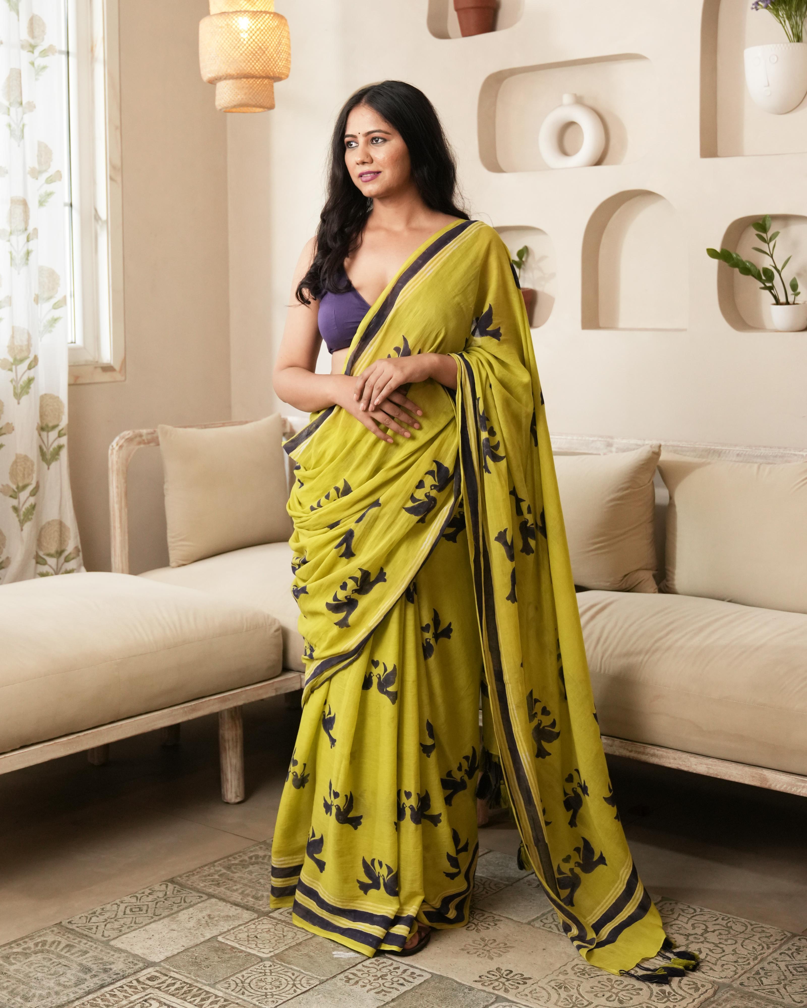 Green Lovebird Hand Block Printed Mul Saree with Tassels