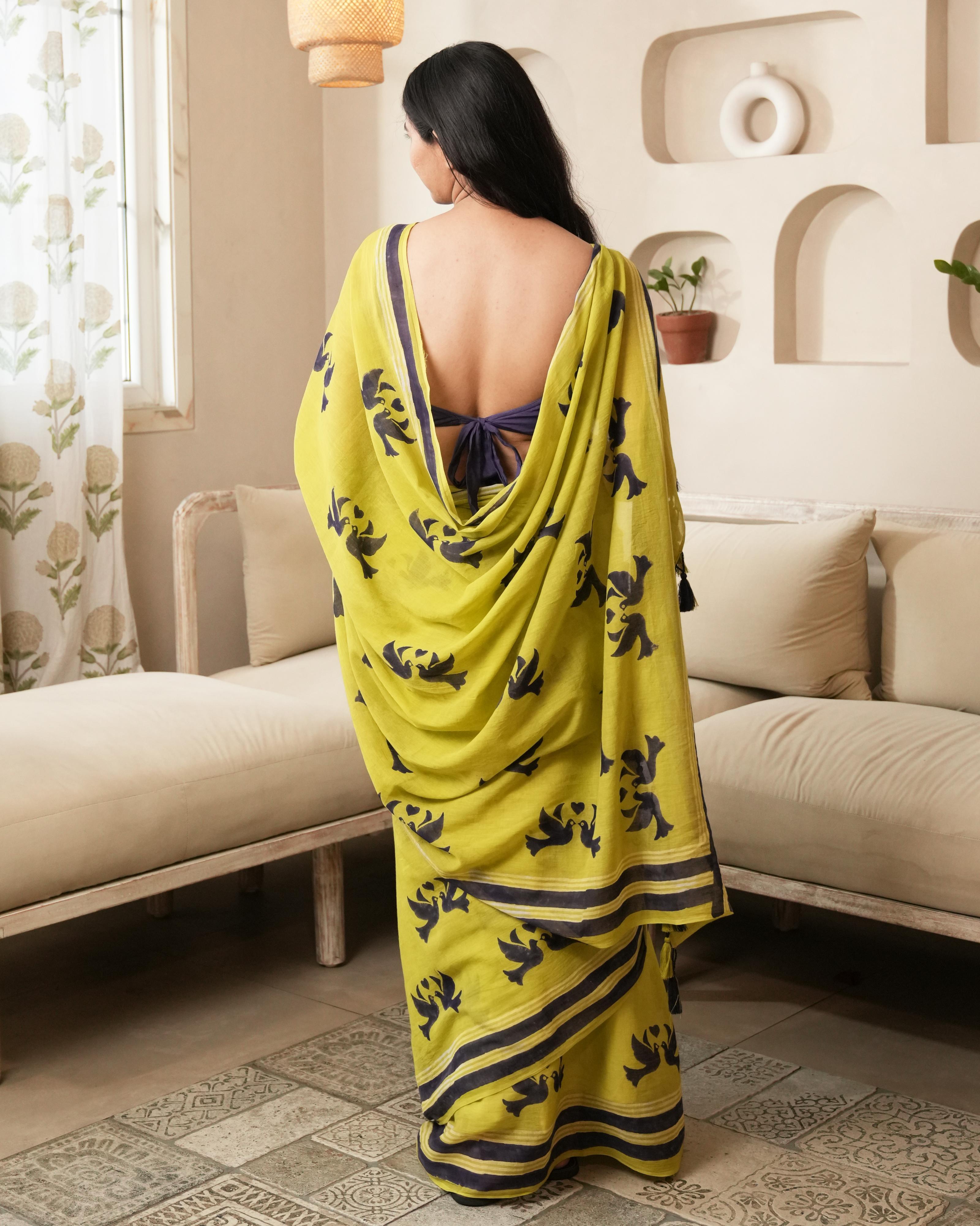 Green Lovebird Hand Block Printed Mul Saree with Tassels