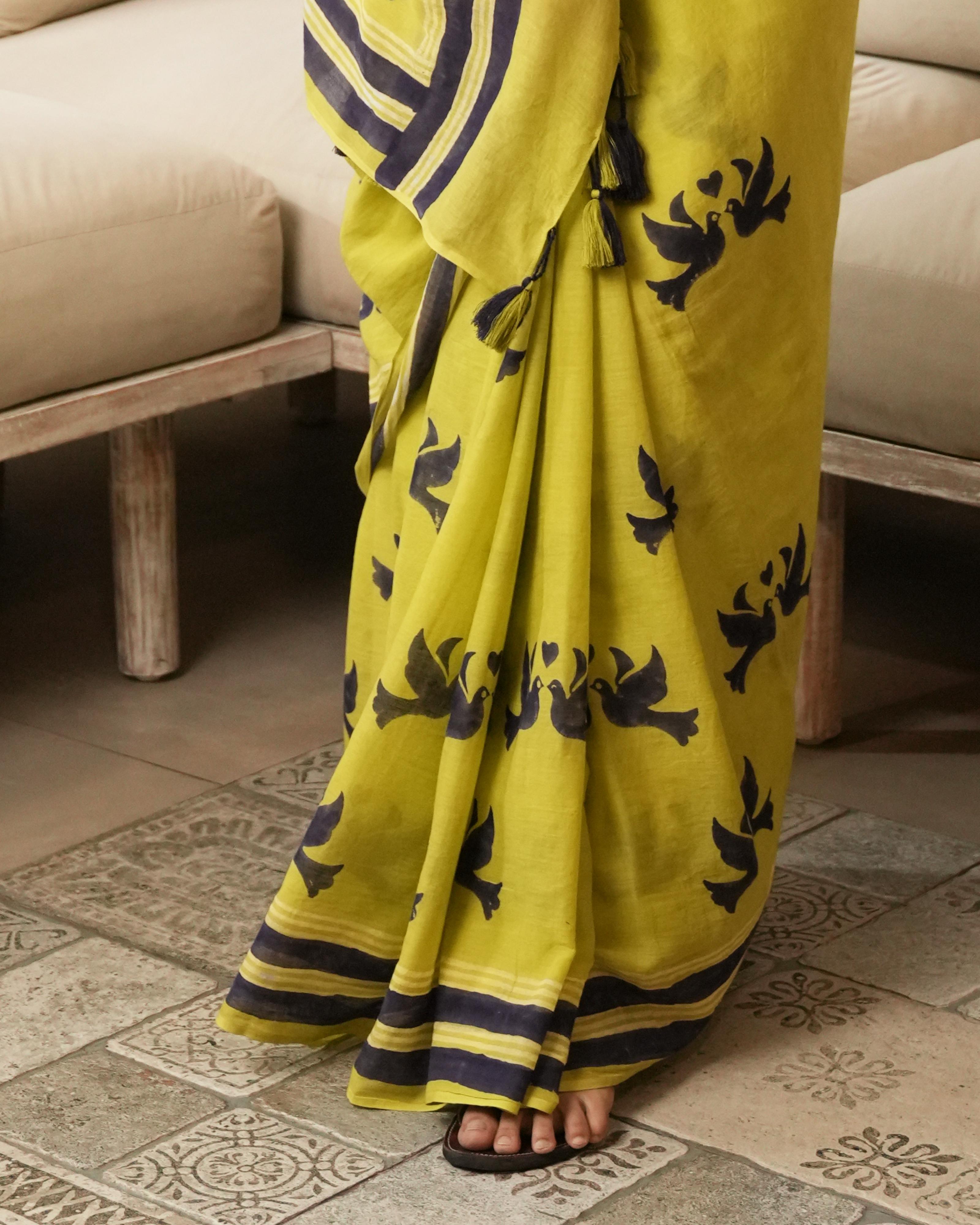 Green Lovebird Hand Block Printed Mul Saree with Tassels