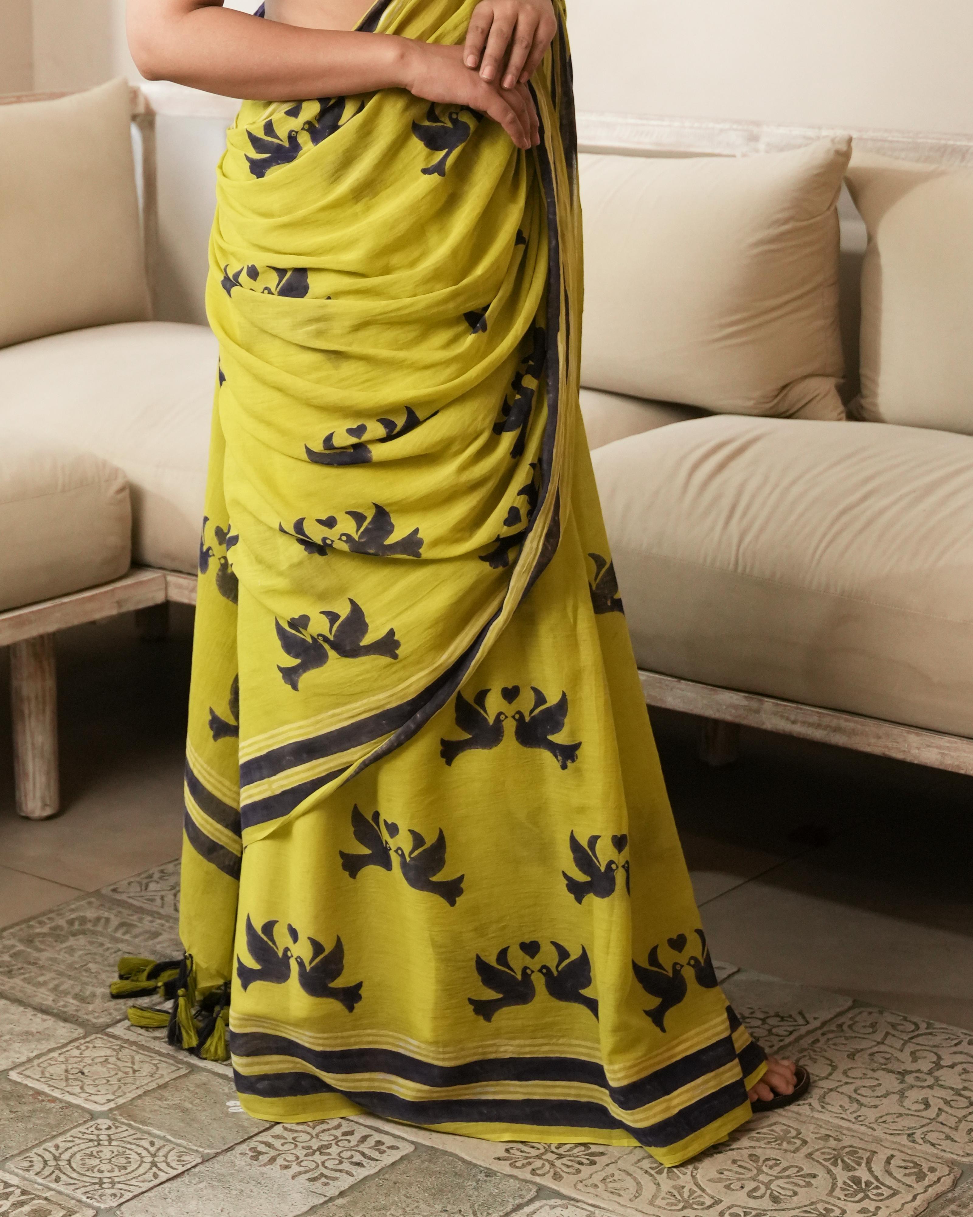 Green Lovebird Hand Block Printed Mul Saree with Tassels