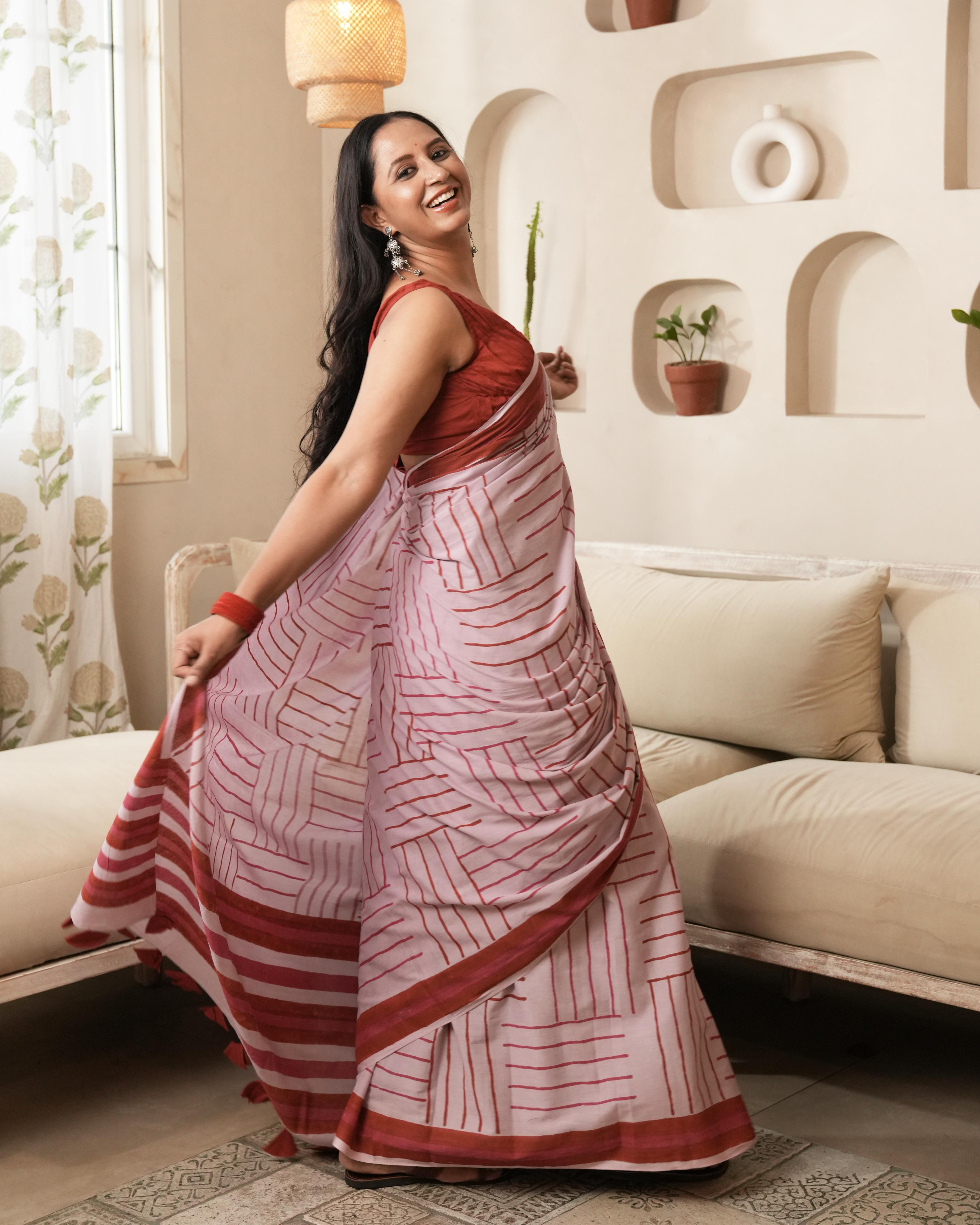 Mauve Geometry Hand Block Printed Mul Saree with Tassels