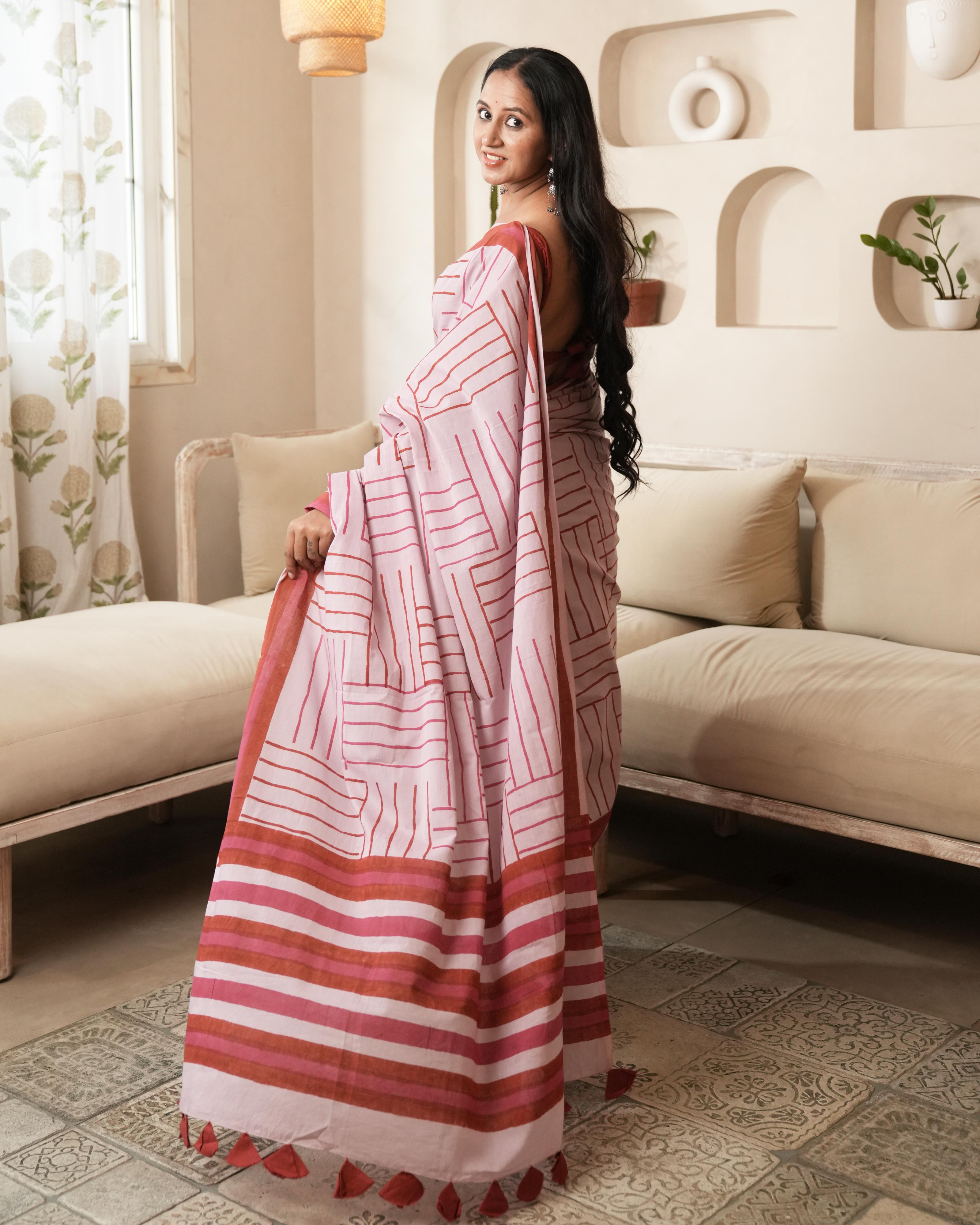 Mauve Geometry Hand Block Printed Mul Saree with Tassels