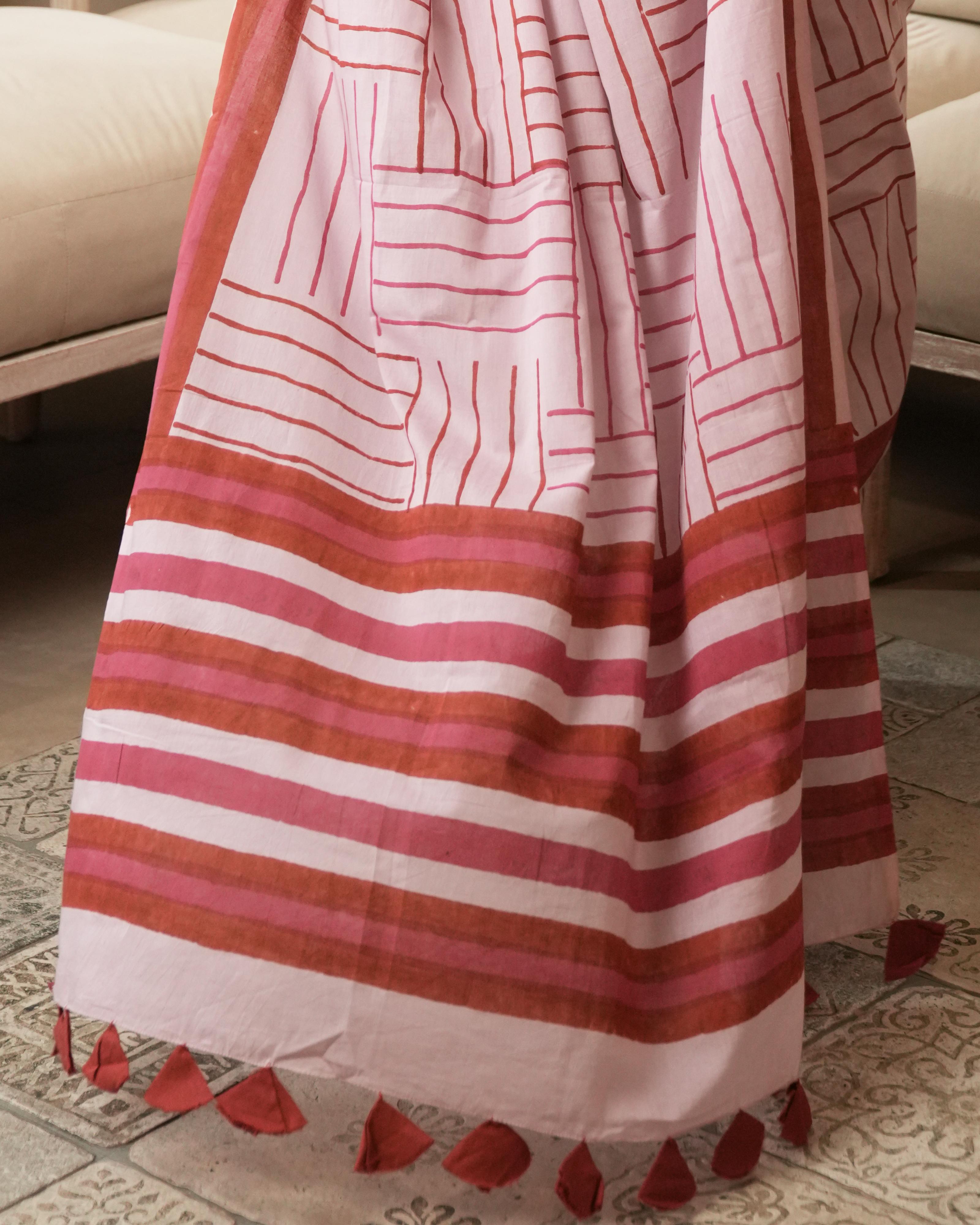 Mauve Geometry Hand Block Printed Mul Saree with Tassels