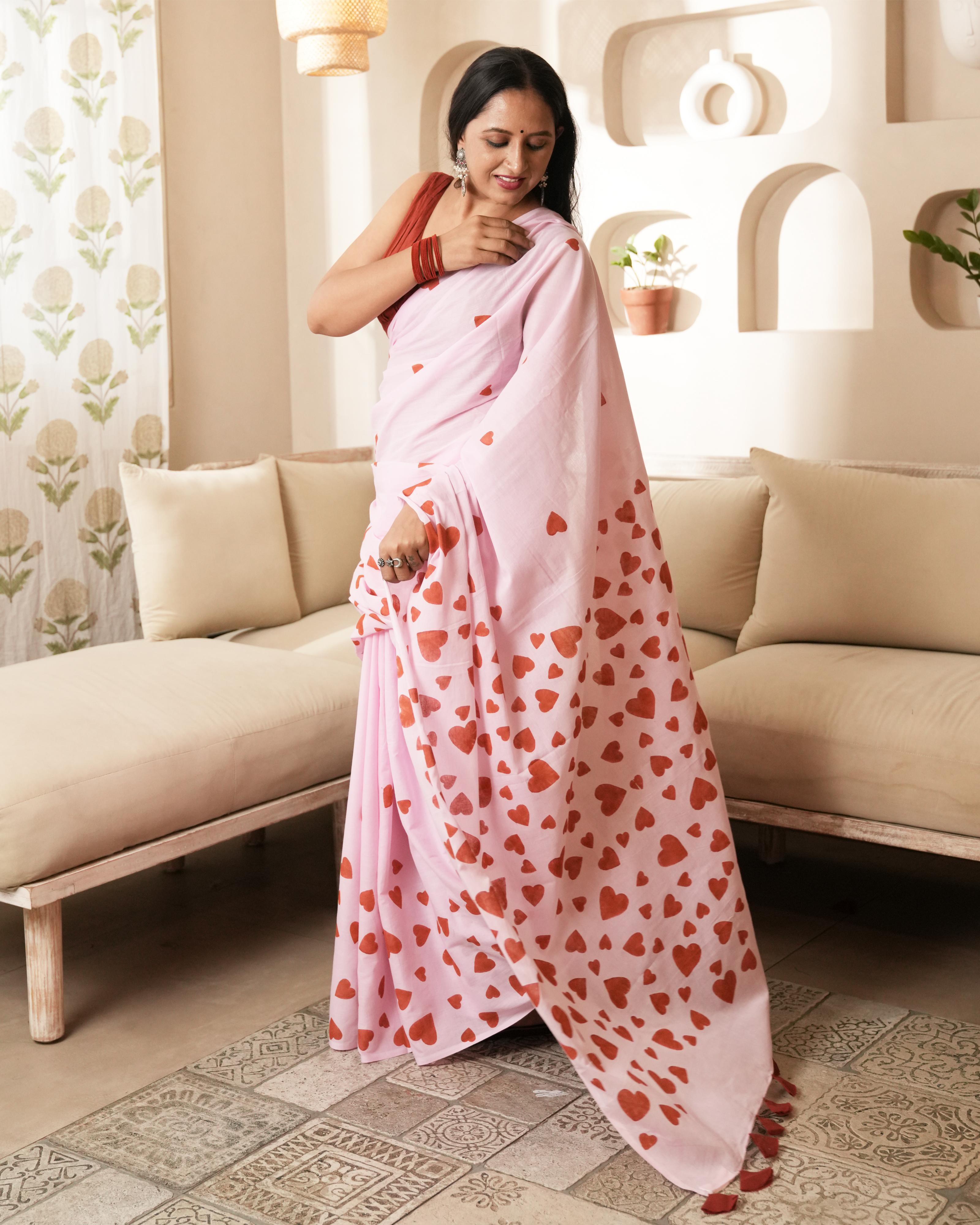 Pink Sweetheart Hand Block Printed Mul Saree with Tassels