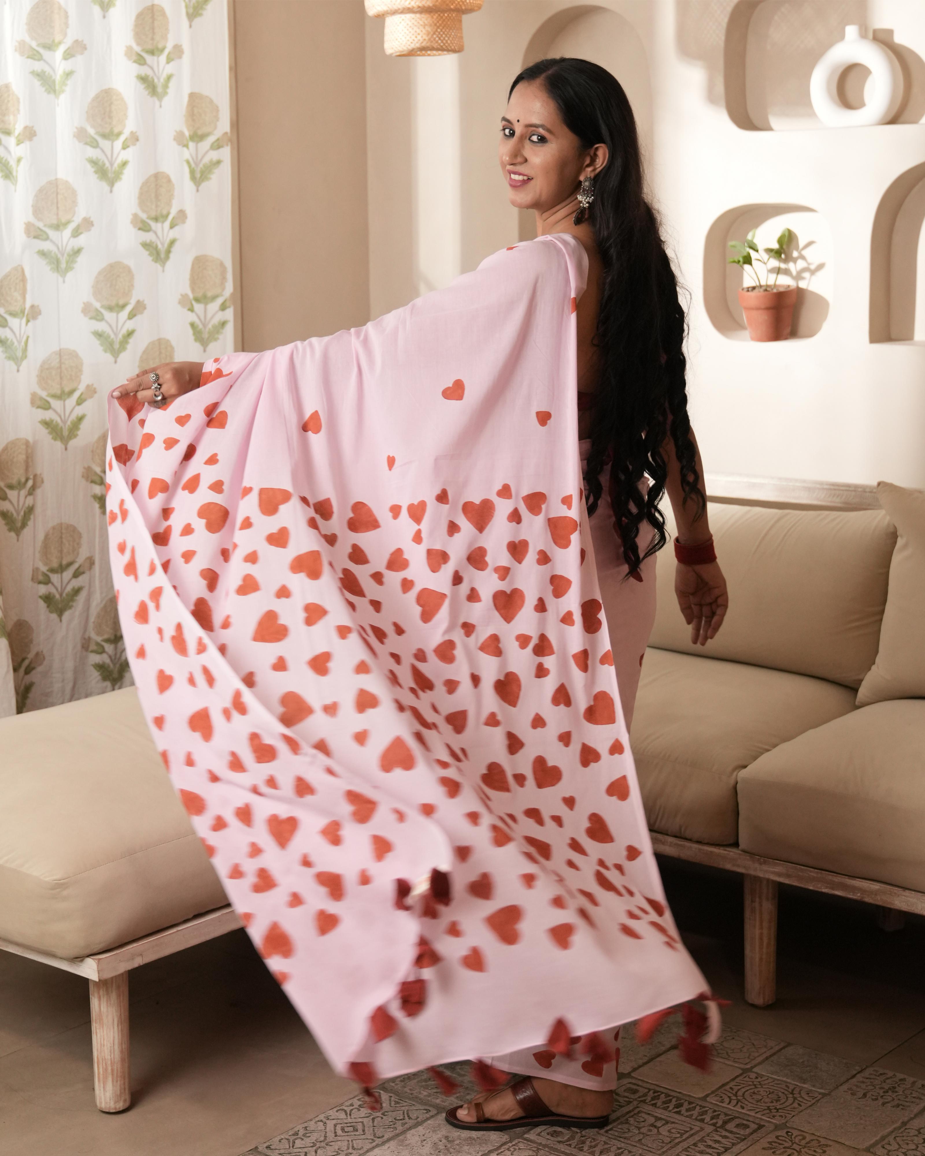 Pink Sweetheart Hand Block Printed Mul Saree with Tassels