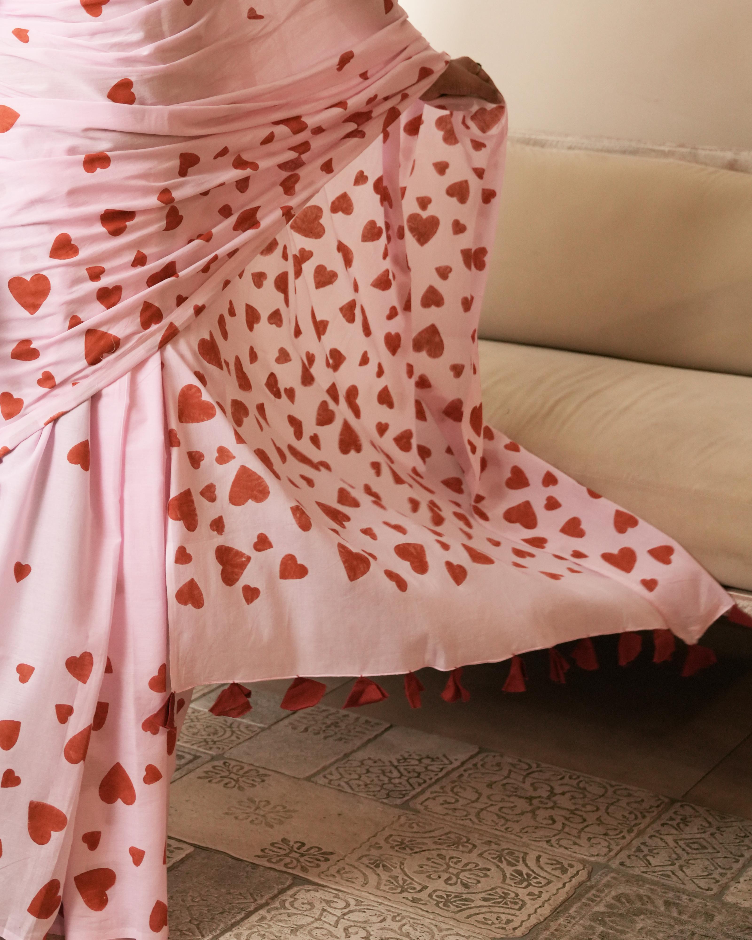 Pink Sweetheart Hand Block Printed Mul Saree with Tassels