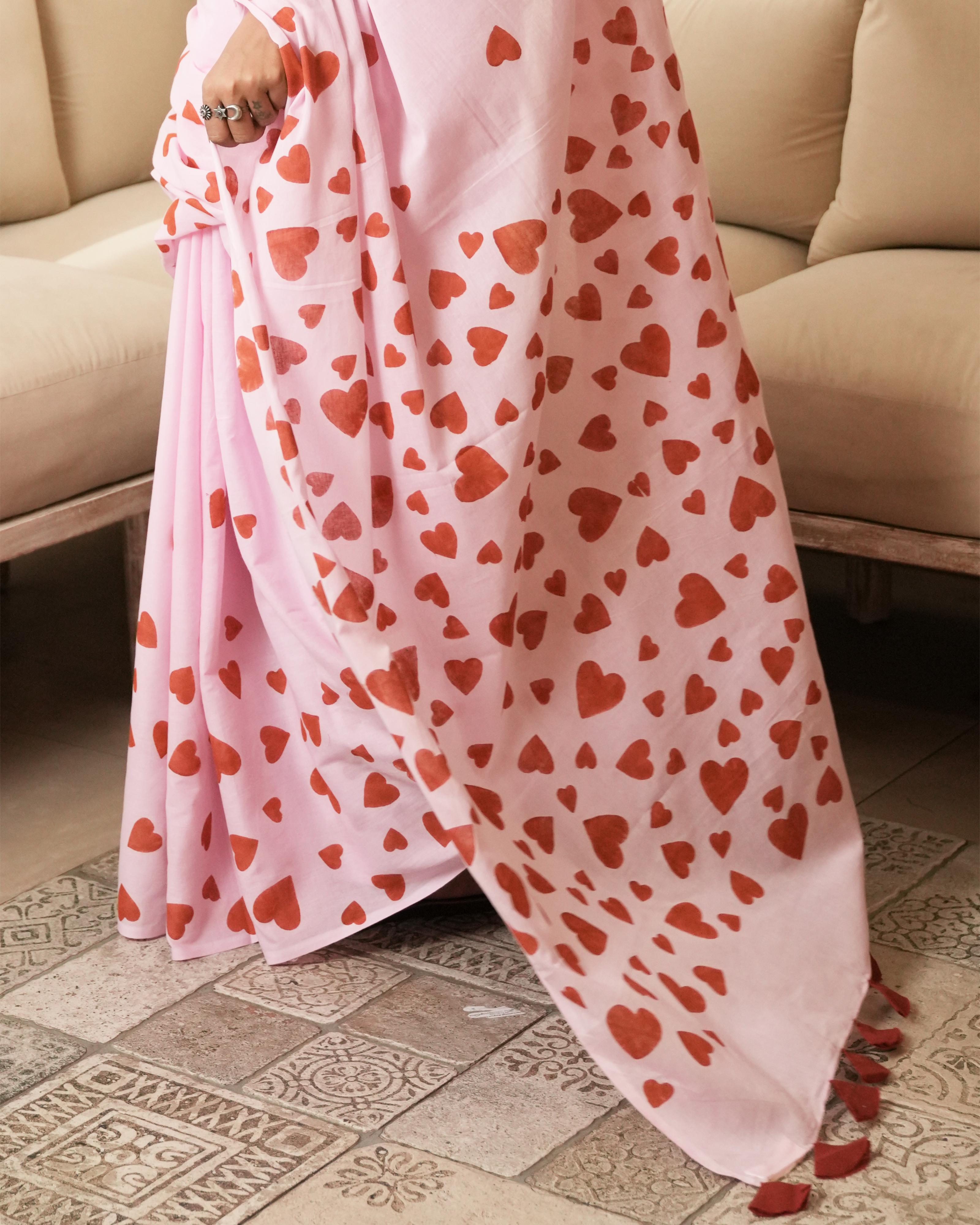Pink Sweetheart Hand Block Printed Mul Saree with Tassels