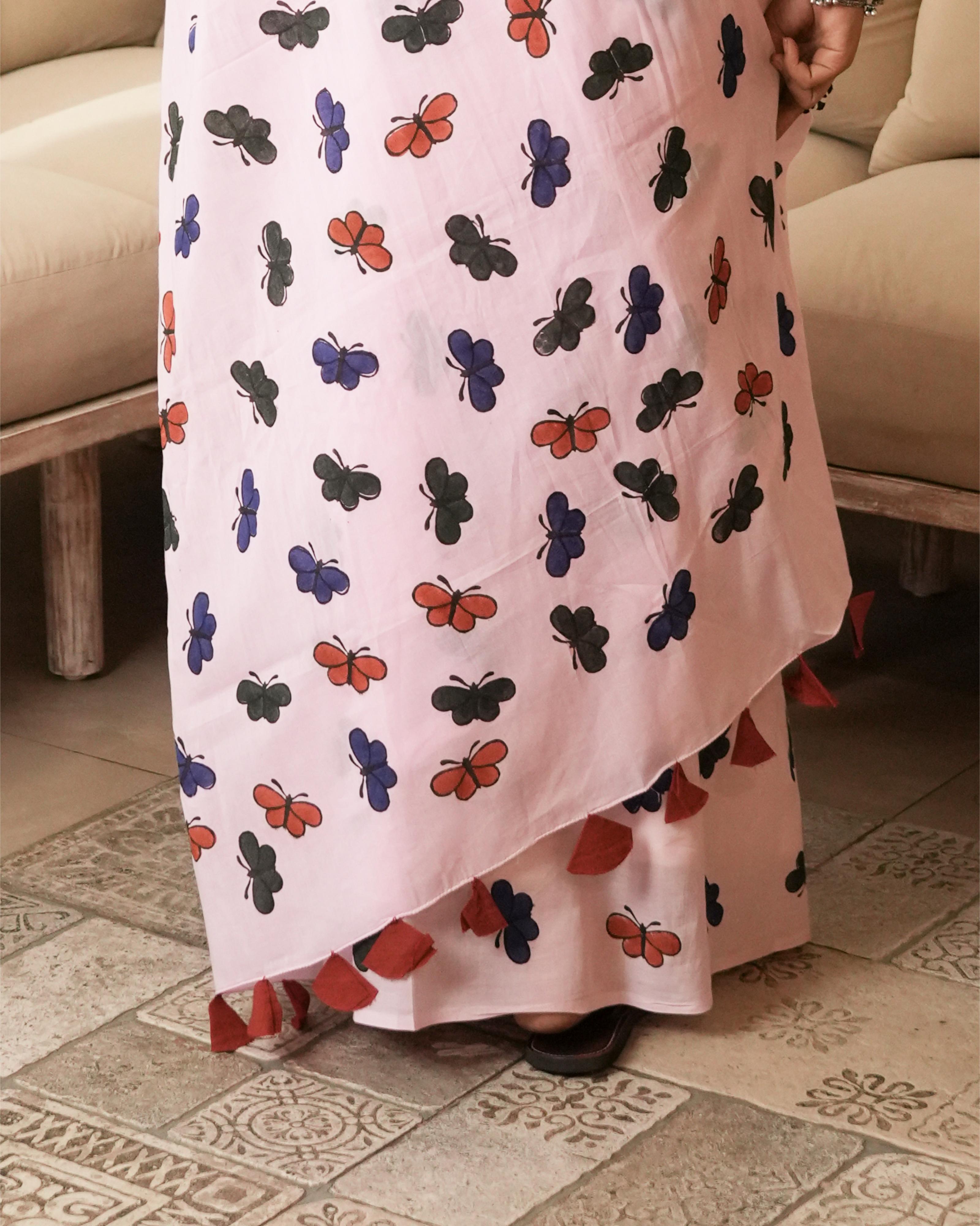 Butterfly Kisses Hand Block Printed Mul Saree with Tassels