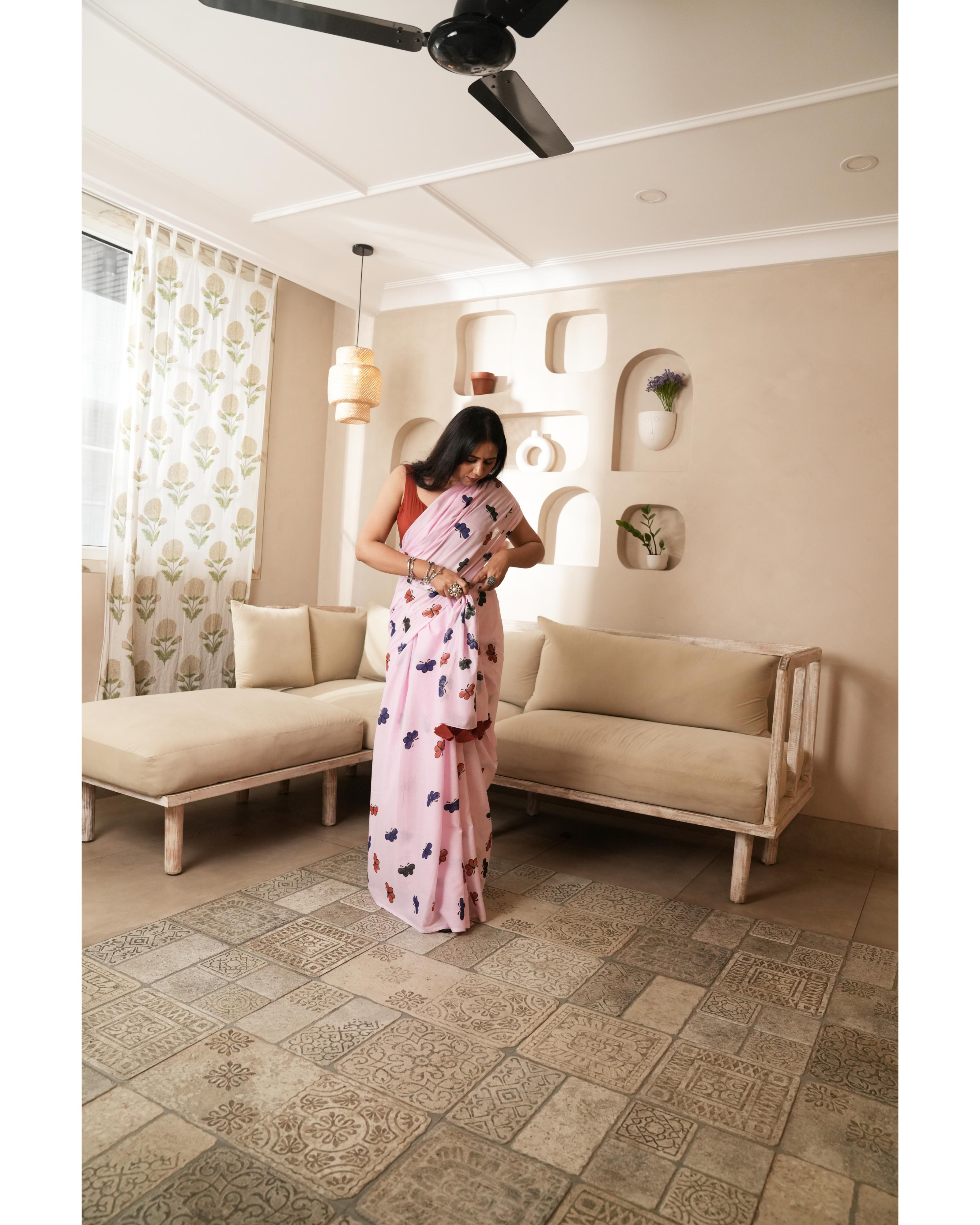 Butterfly Kisses Hand Block Printed Mul Saree with Tassels