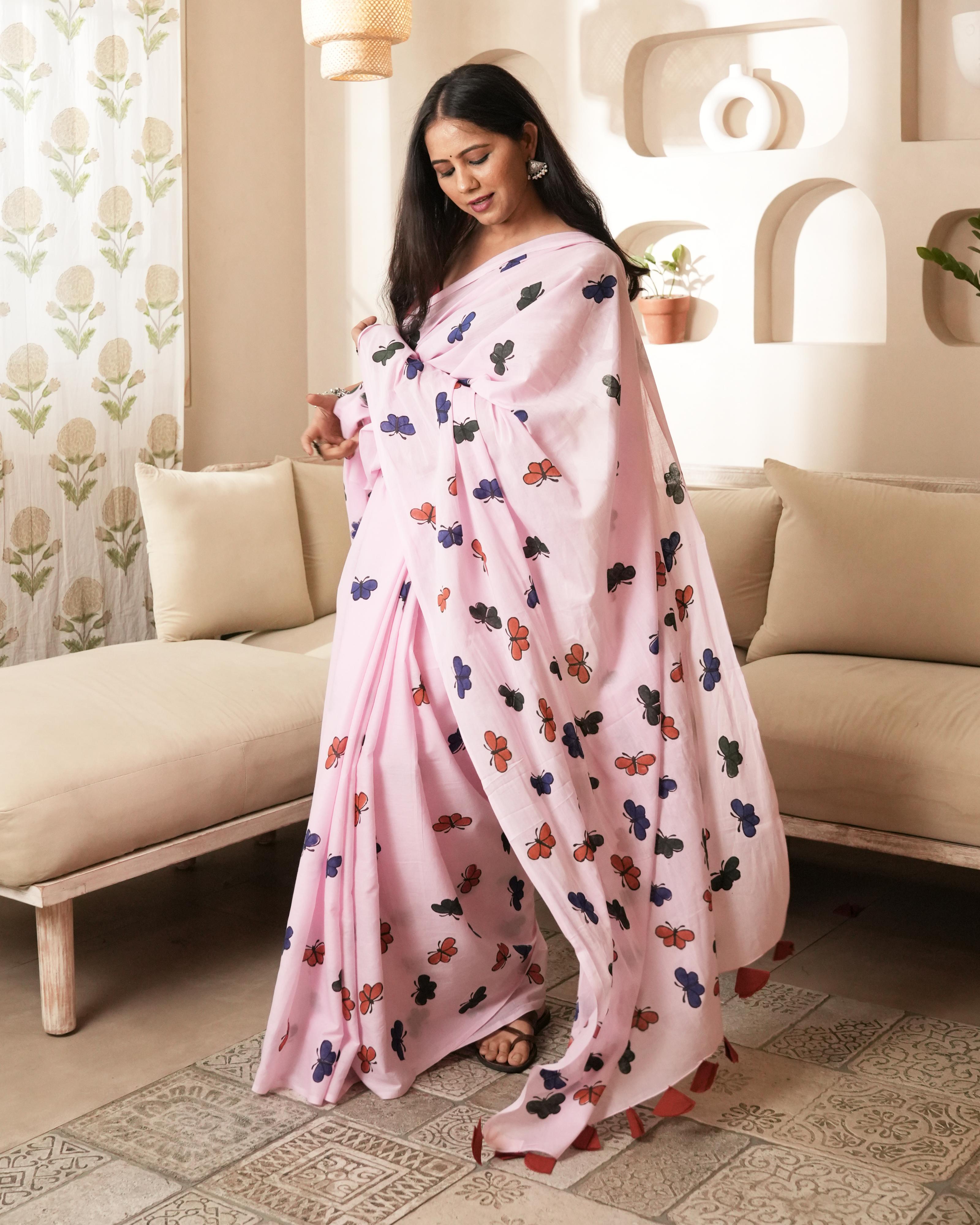 Butterfly Kisses Hand Block Printed Mul Saree with Tassels