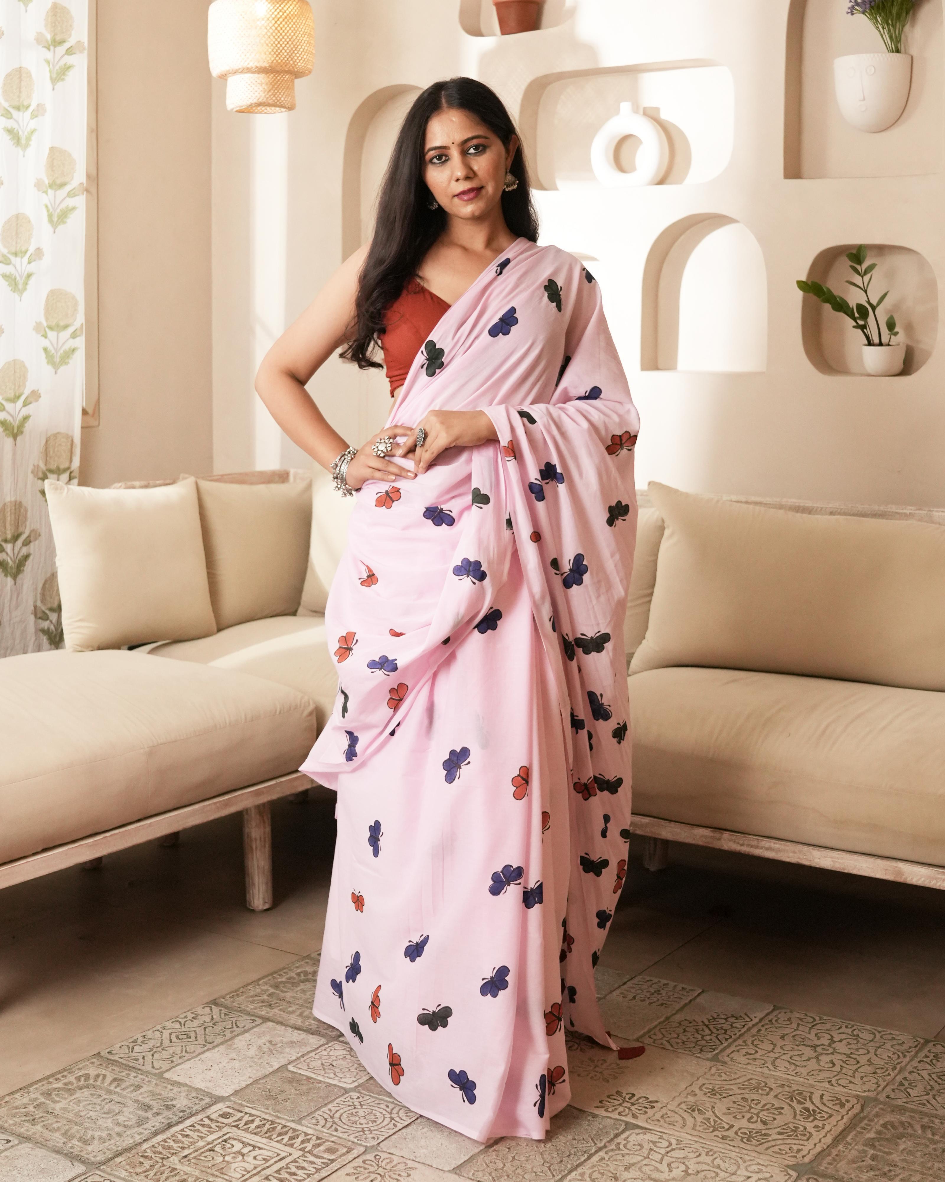 Butterfly Kisses Hand Block Printed Mul Saree with Tassels