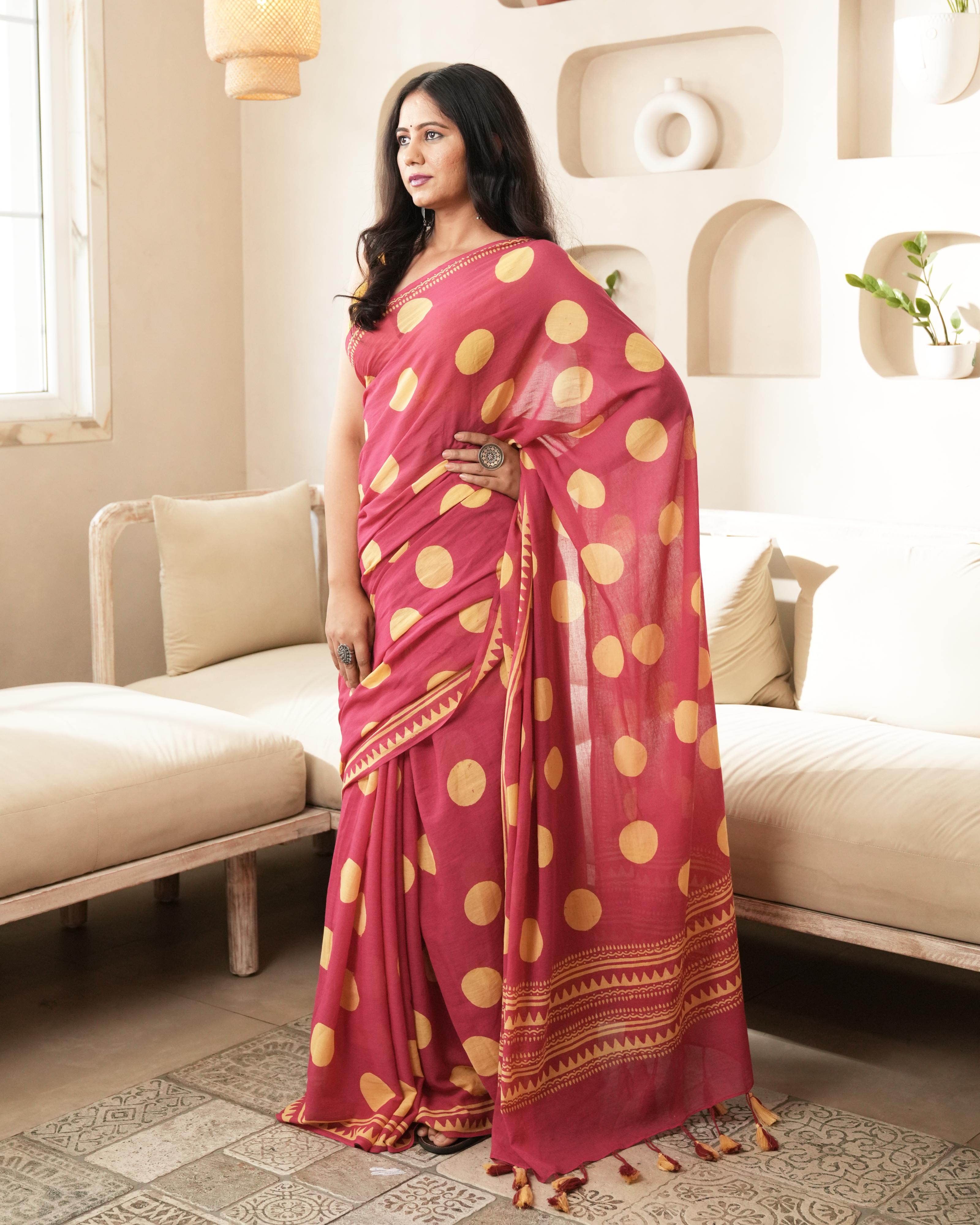 Magenta Charm – Polka Dot Mul Saree with Tassels