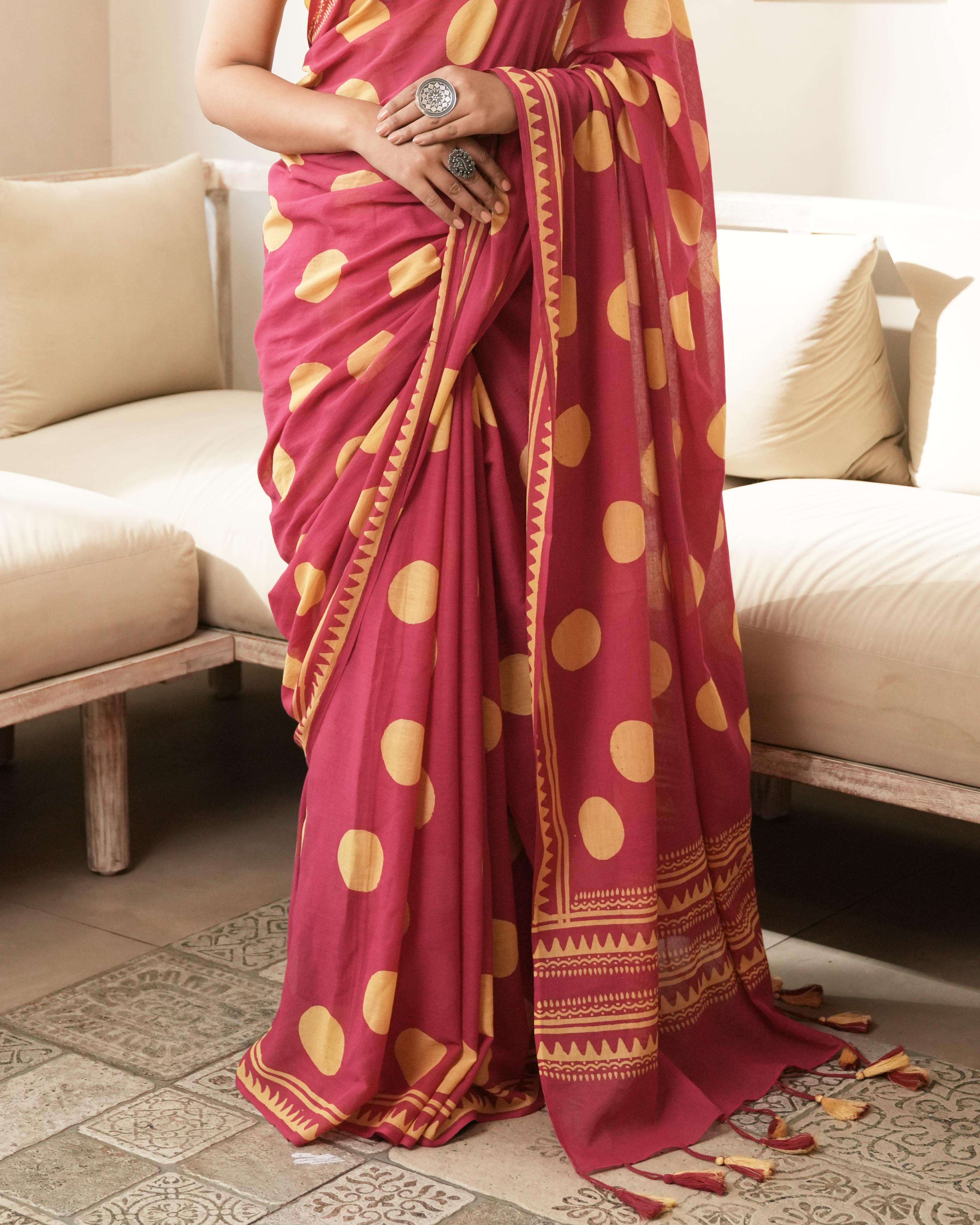 Magenta Charm – Polka Dot Mul Saree with Tassels