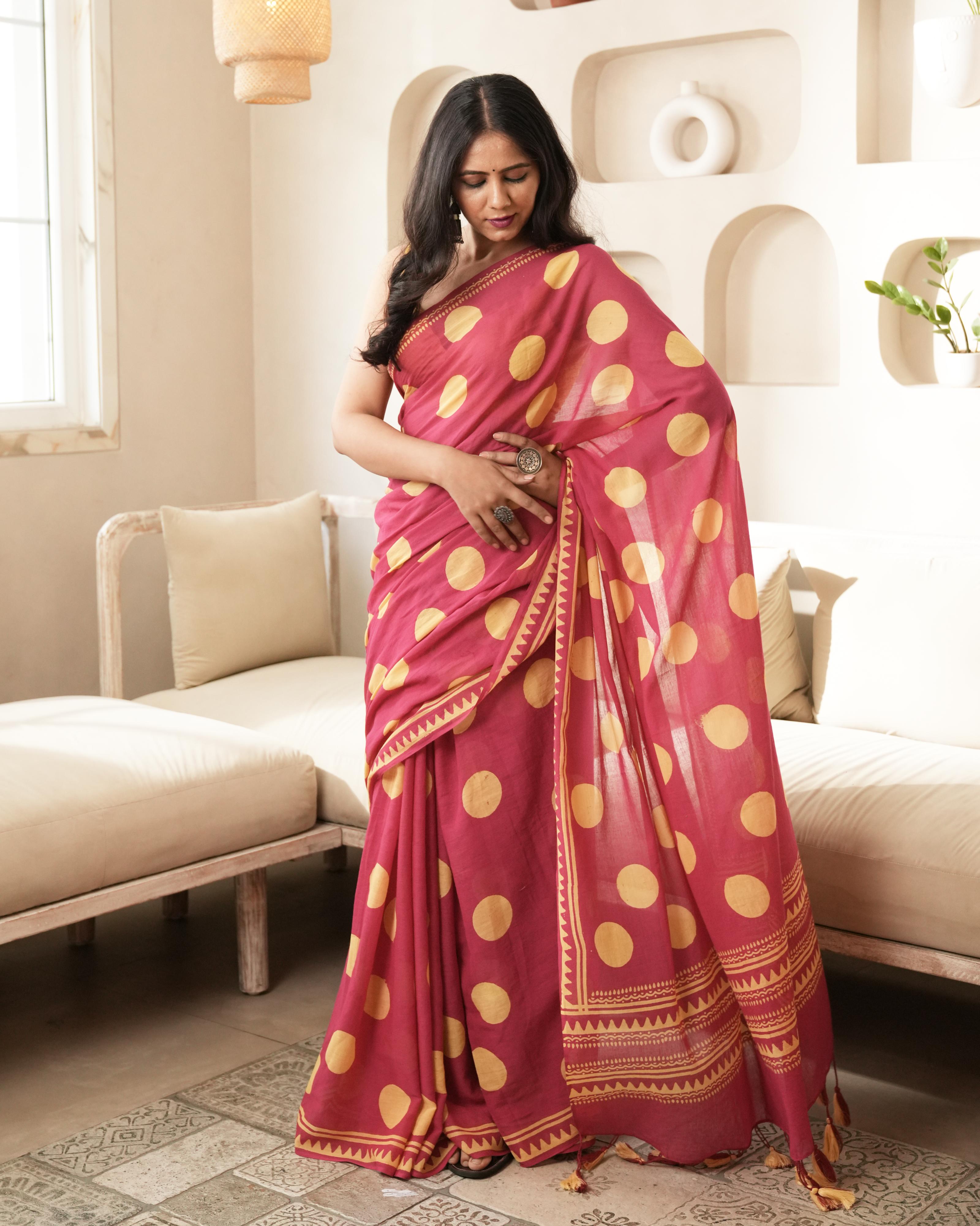 Magenta Charm – Polka Dot Mul Saree with Tassels