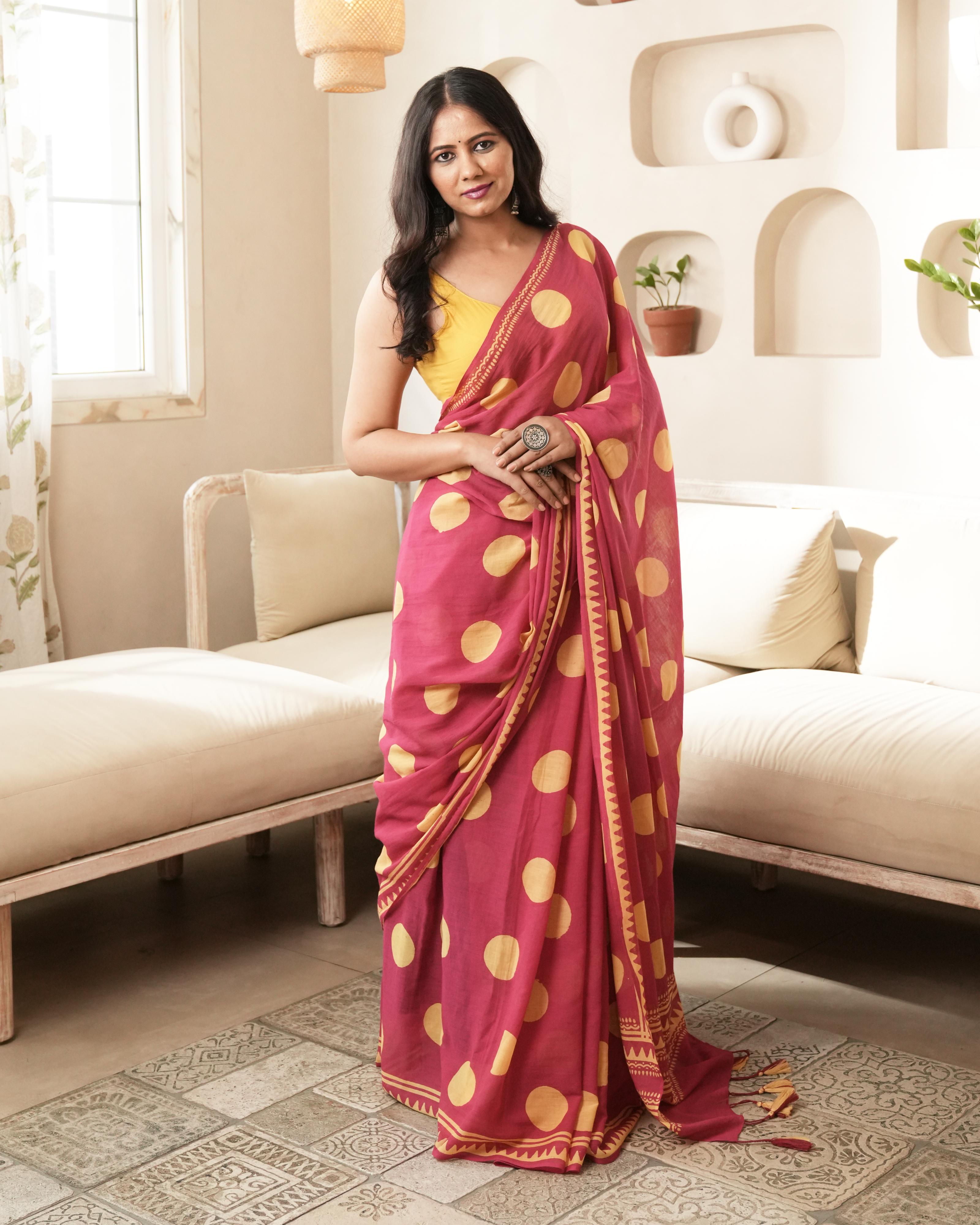 Magenta Charm – Polka Dot Mul Saree with Tassels