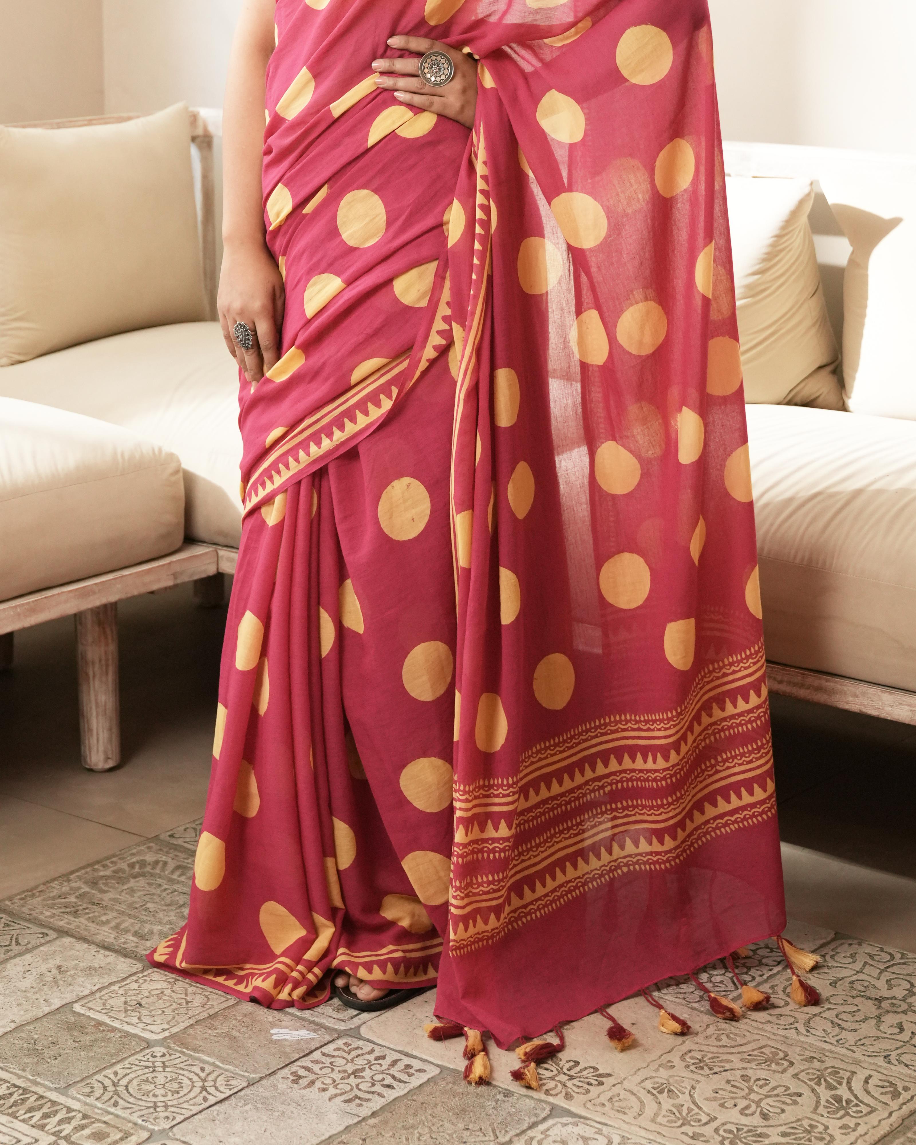 Magenta Charm – Polka Dot Mul Saree with Tassels