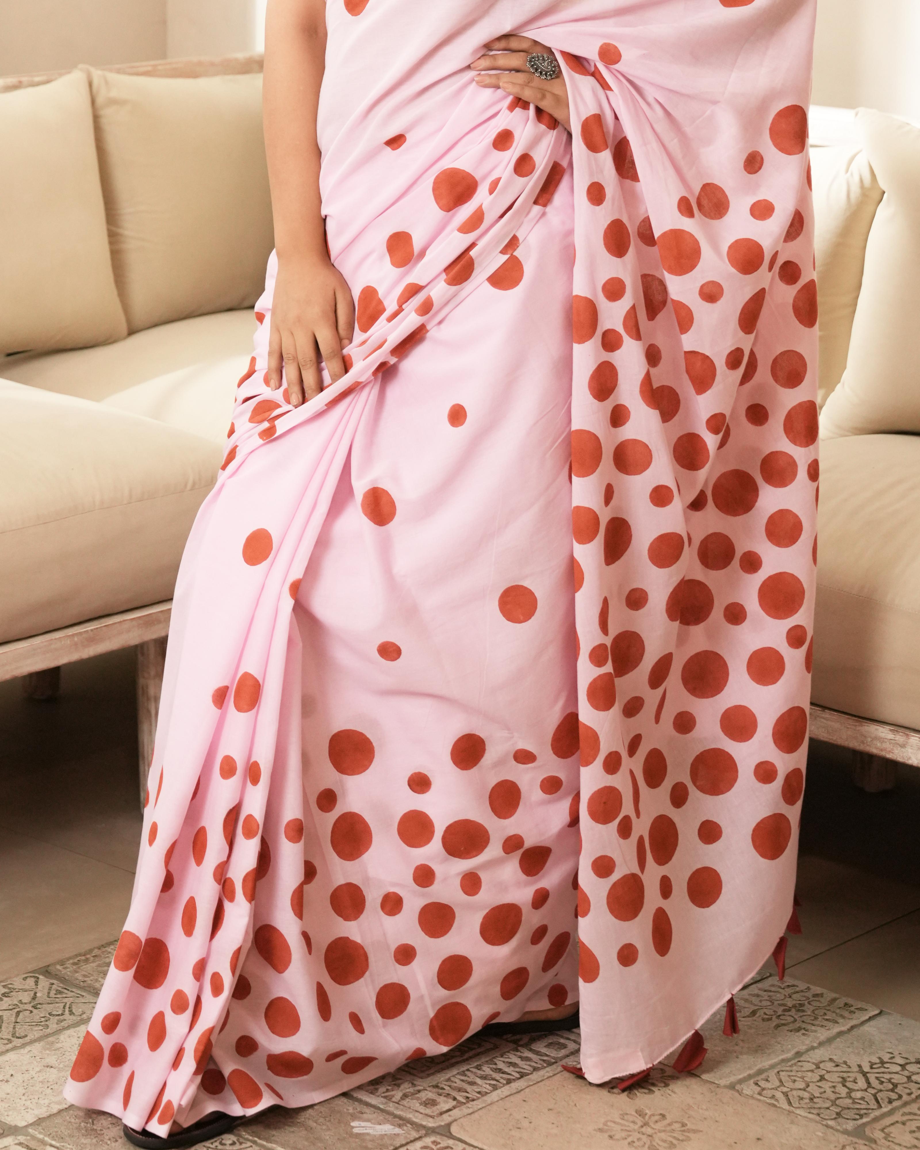 Pink & Red Polka Dot Printed Mul Saree with Tassels