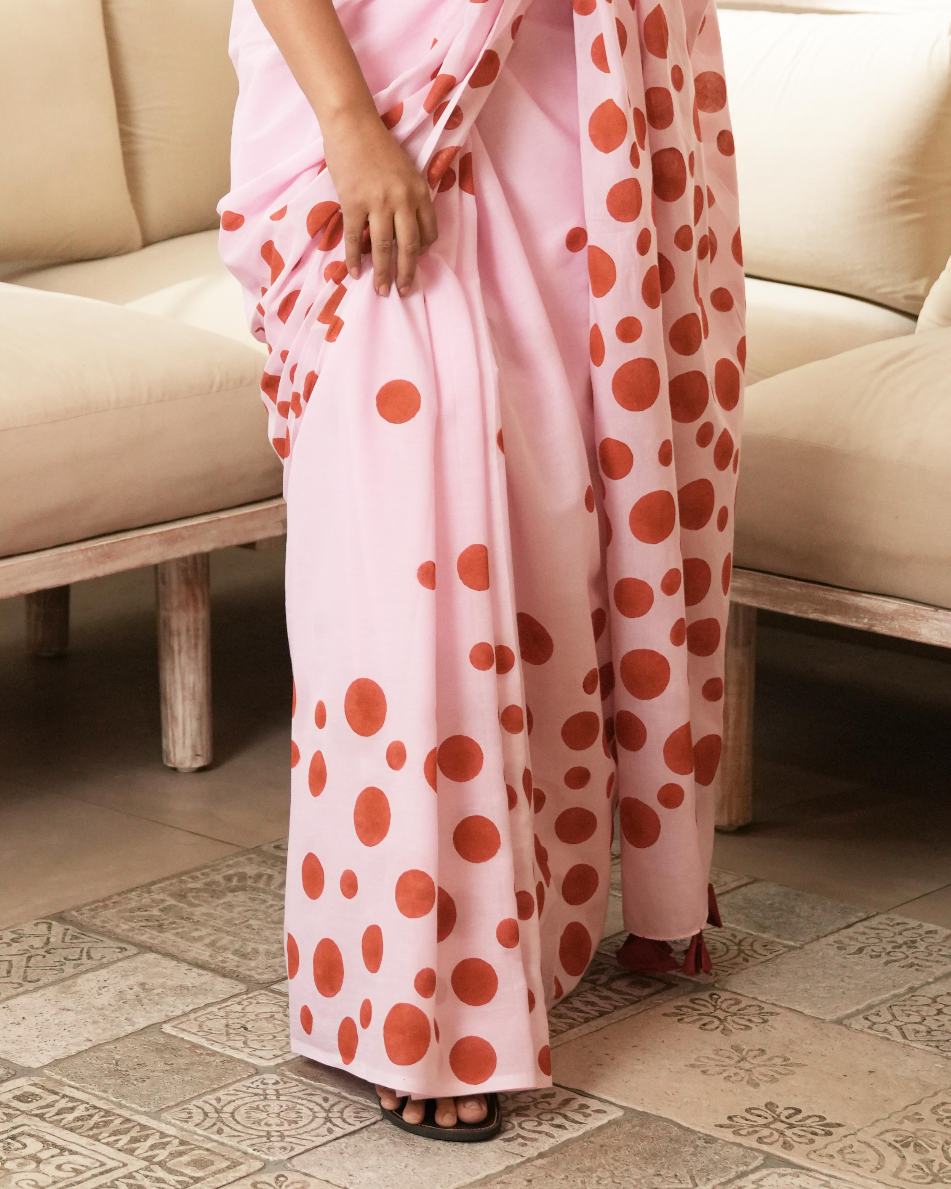 Pink & Red Polka Dot Printed Mul Saree with Tassels