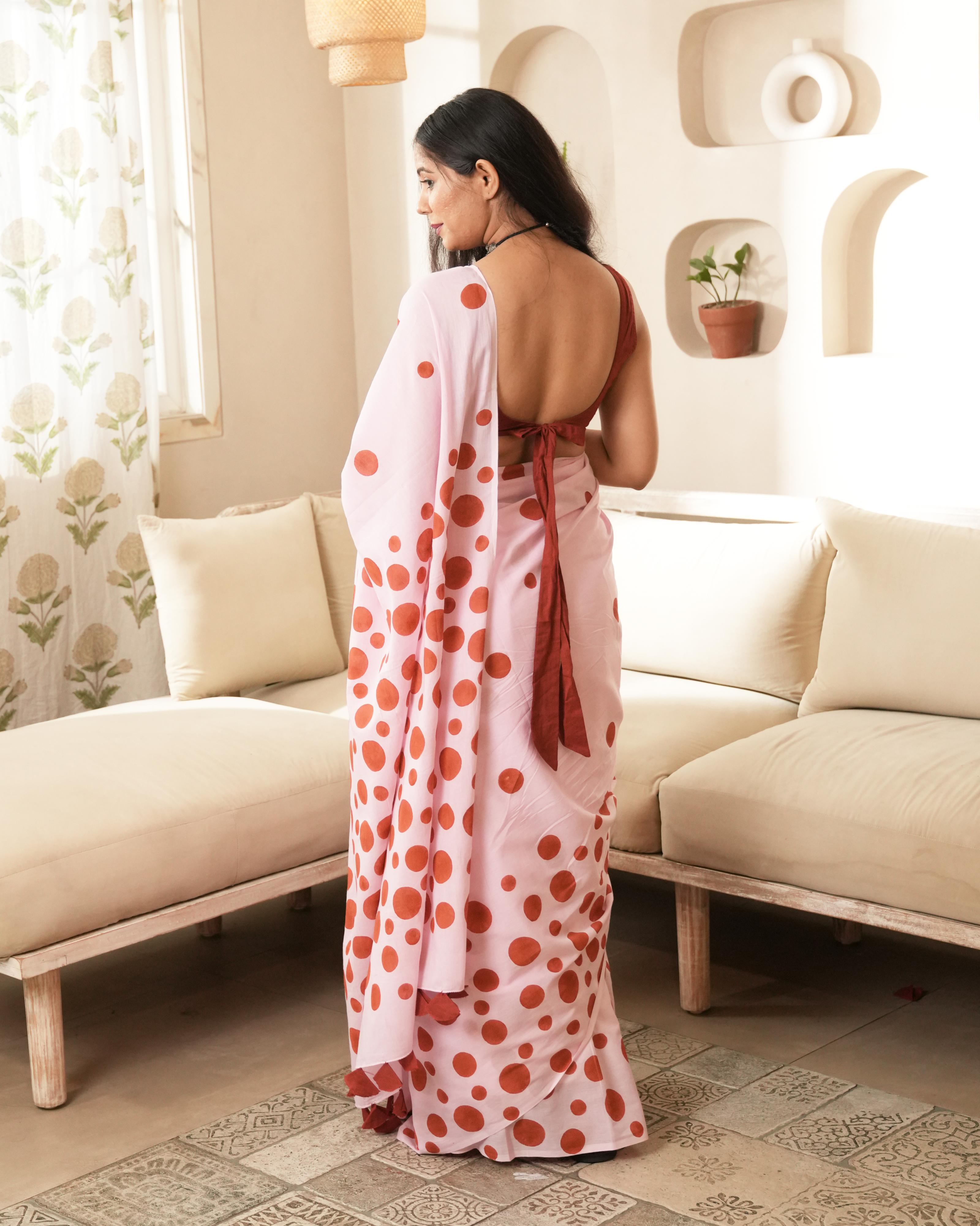Pink & Red Polka Dot Printed Mul Saree with Tassels