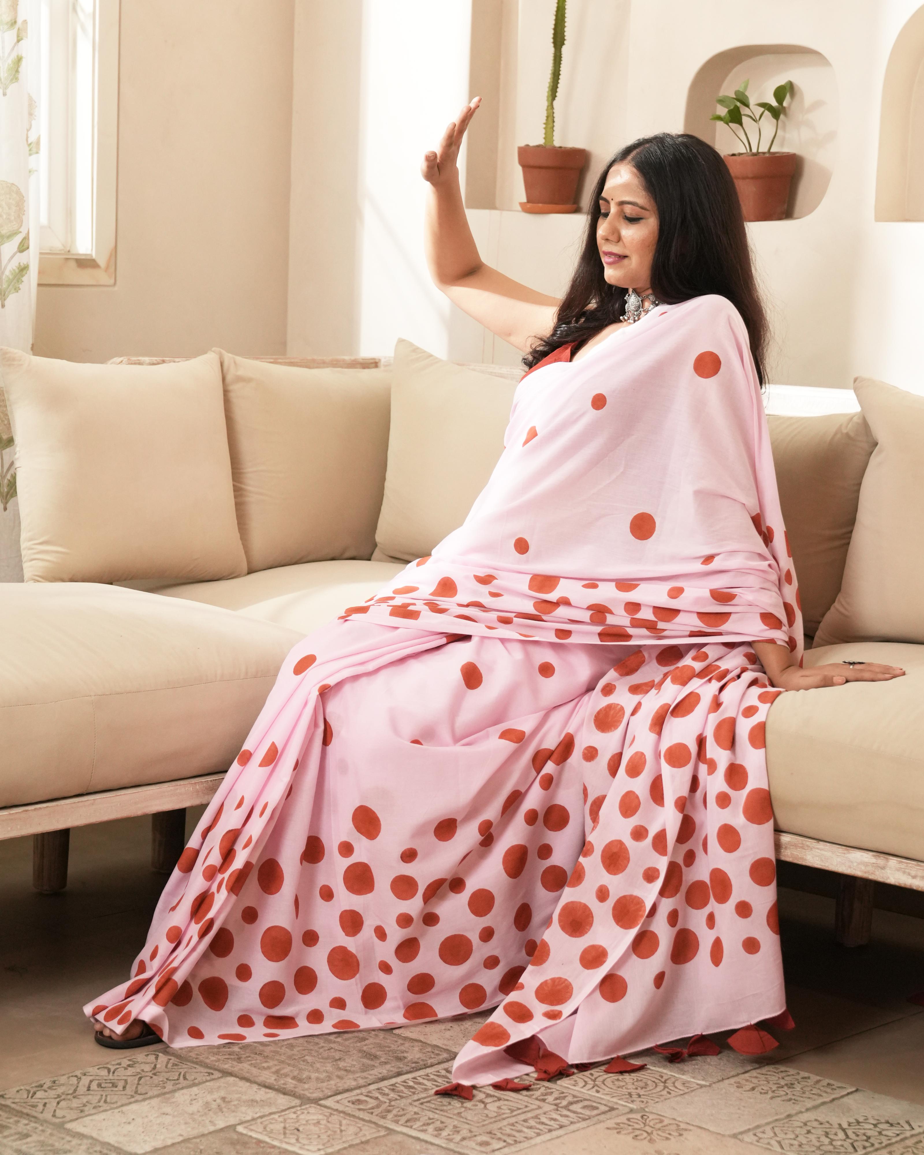 Pink & Red Polka Dot Printed Mul Saree with Tassels