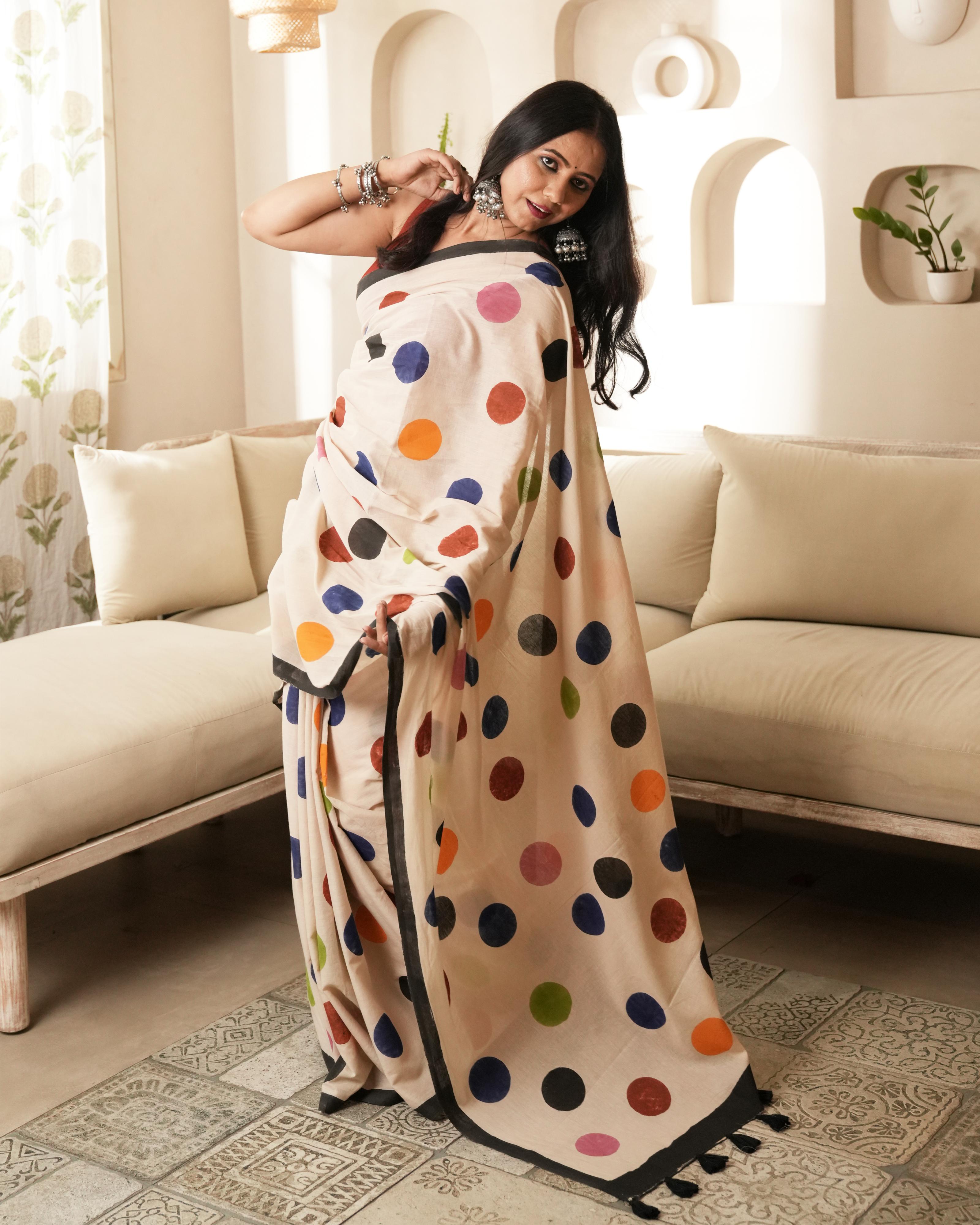 Ivory  Multi-Color Polka Dot Printed Mul Saree with Tassels