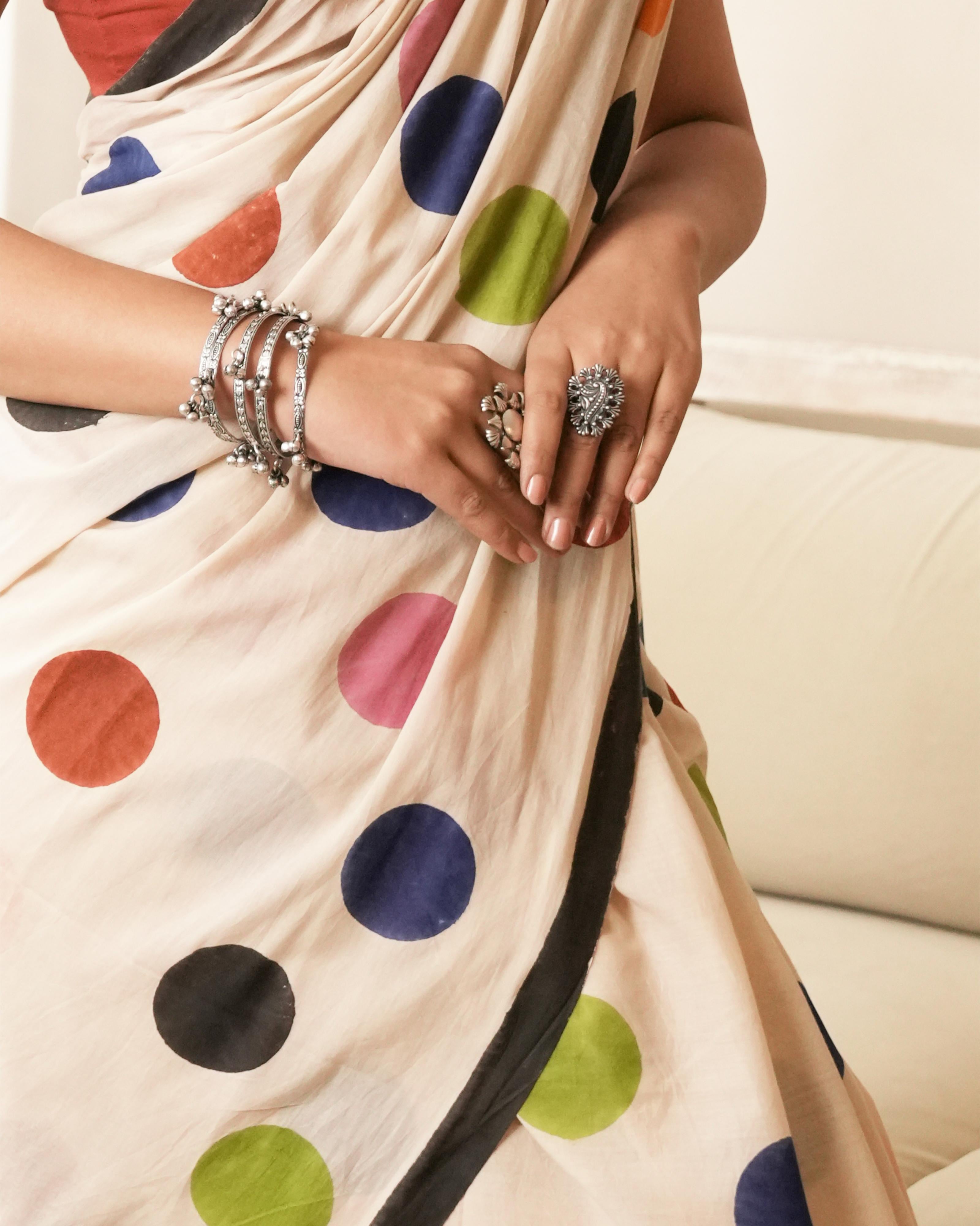 Ivory  Multi-Color Polka Dot Printed Mul Saree with Tassels