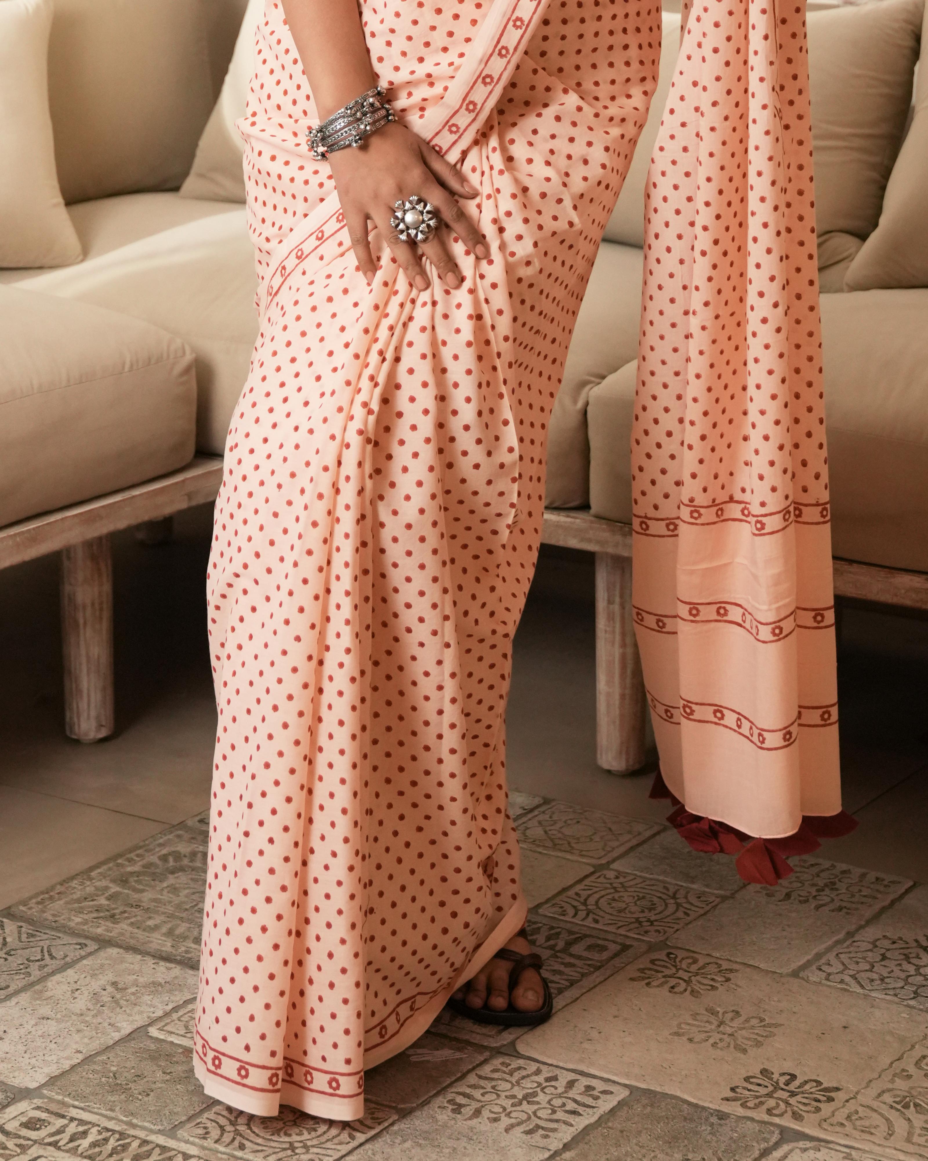 Peach Blossom – Red Mini Polka Dot Mul Saree with Tassels