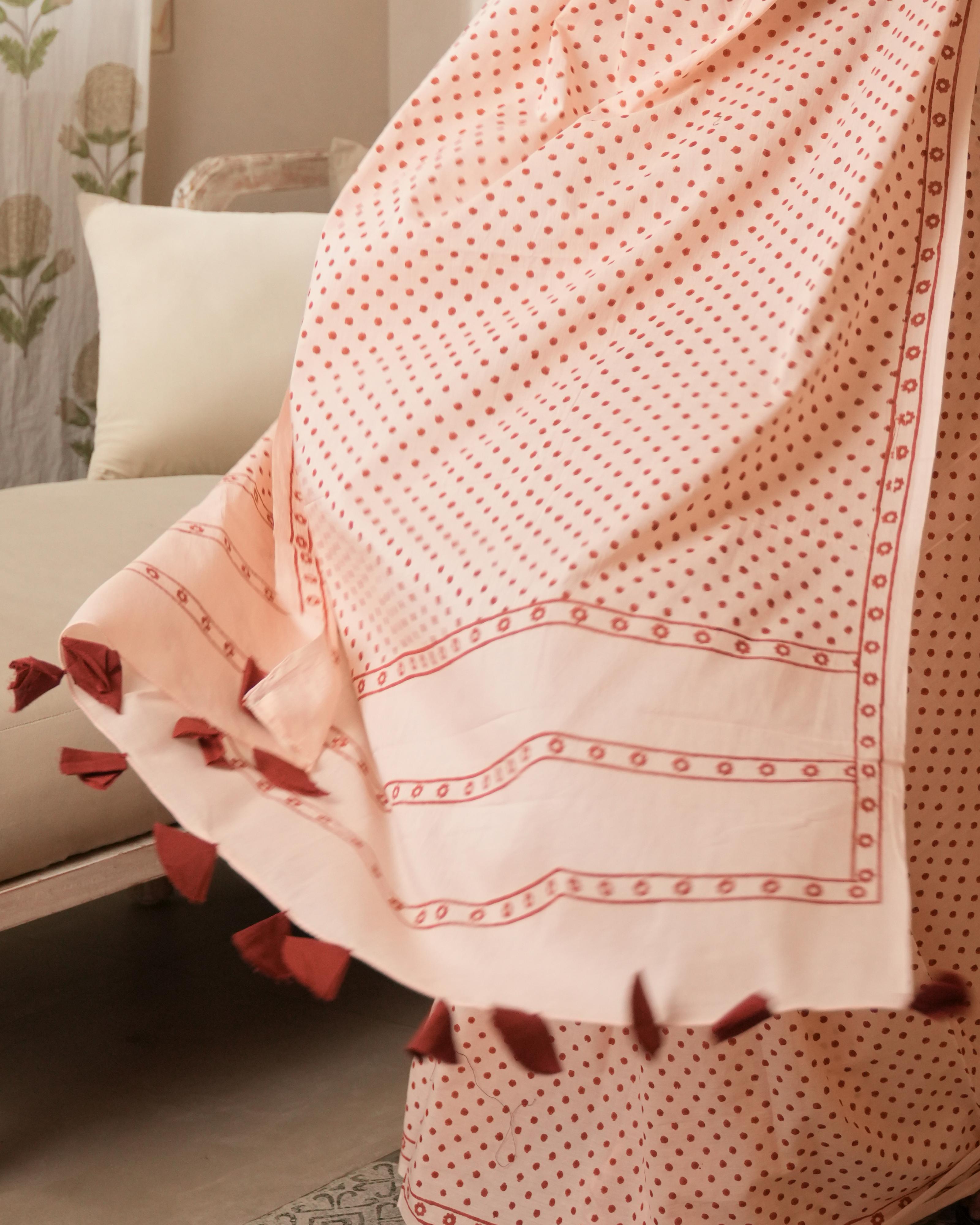Peach Blossom – Red Mini Polka Dot Mul Saree with Tassels