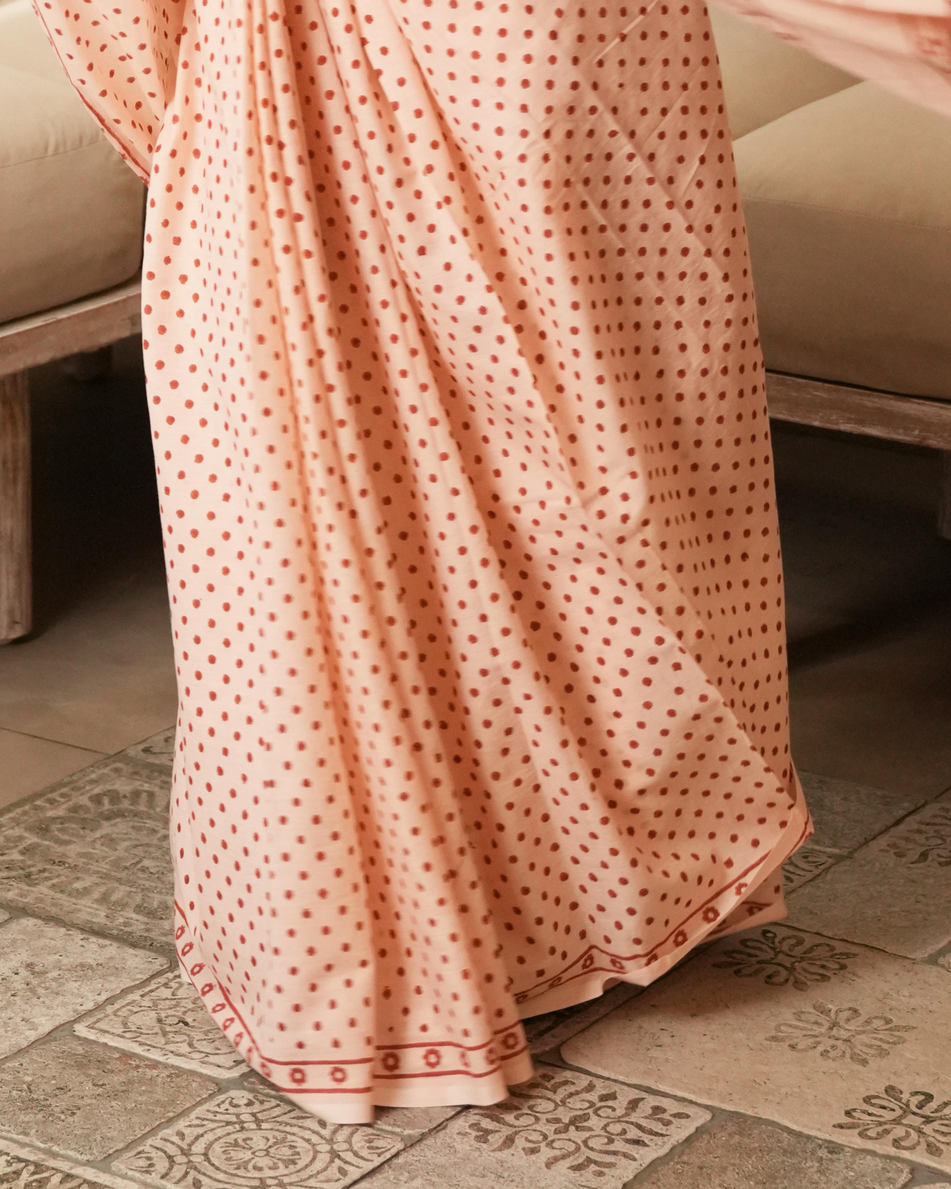 Peach Blossom – Red Mini Polka Dot Mul Saree with Tassels
