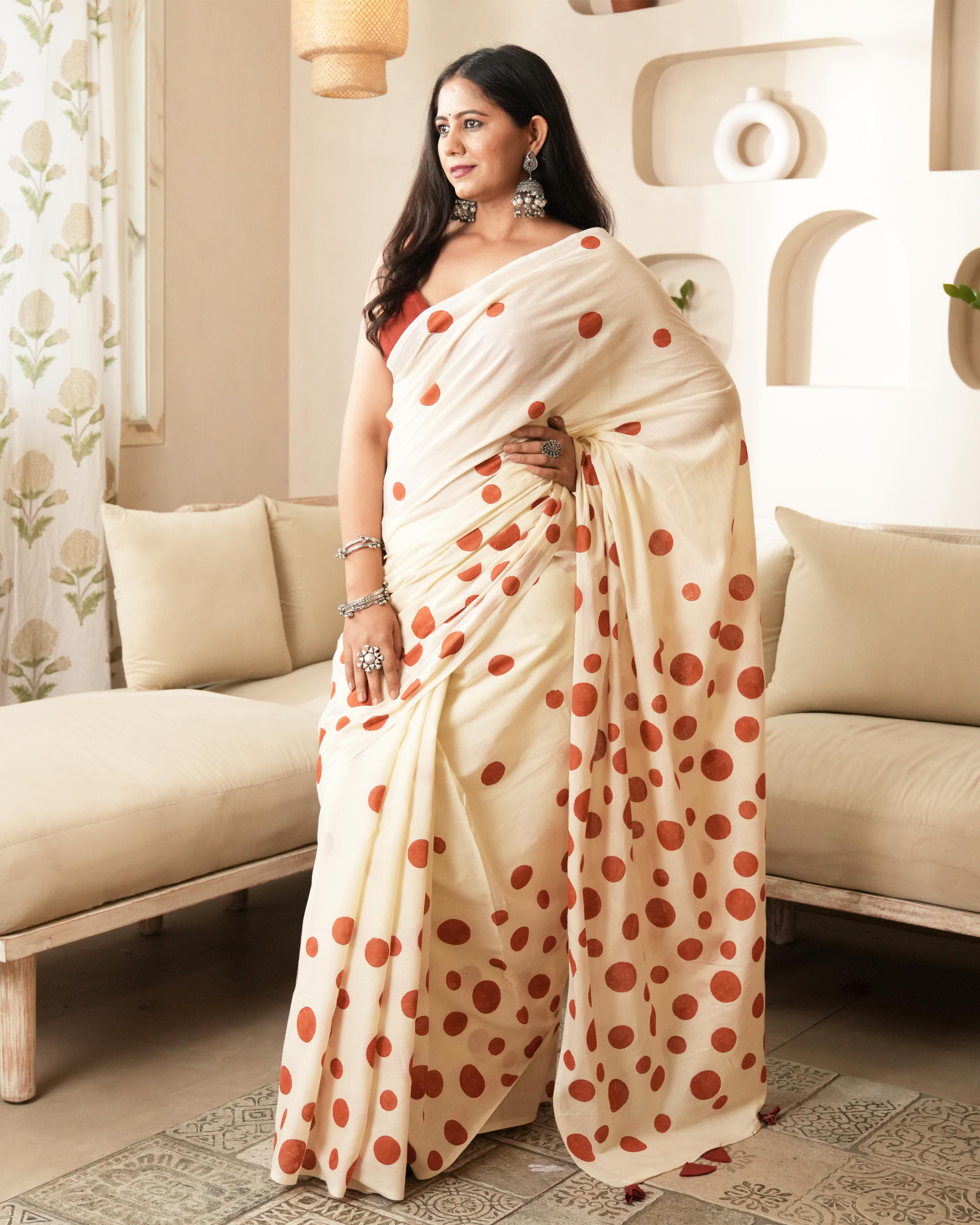 Ivory & Red Polka Dot Mul Saree with Tassels