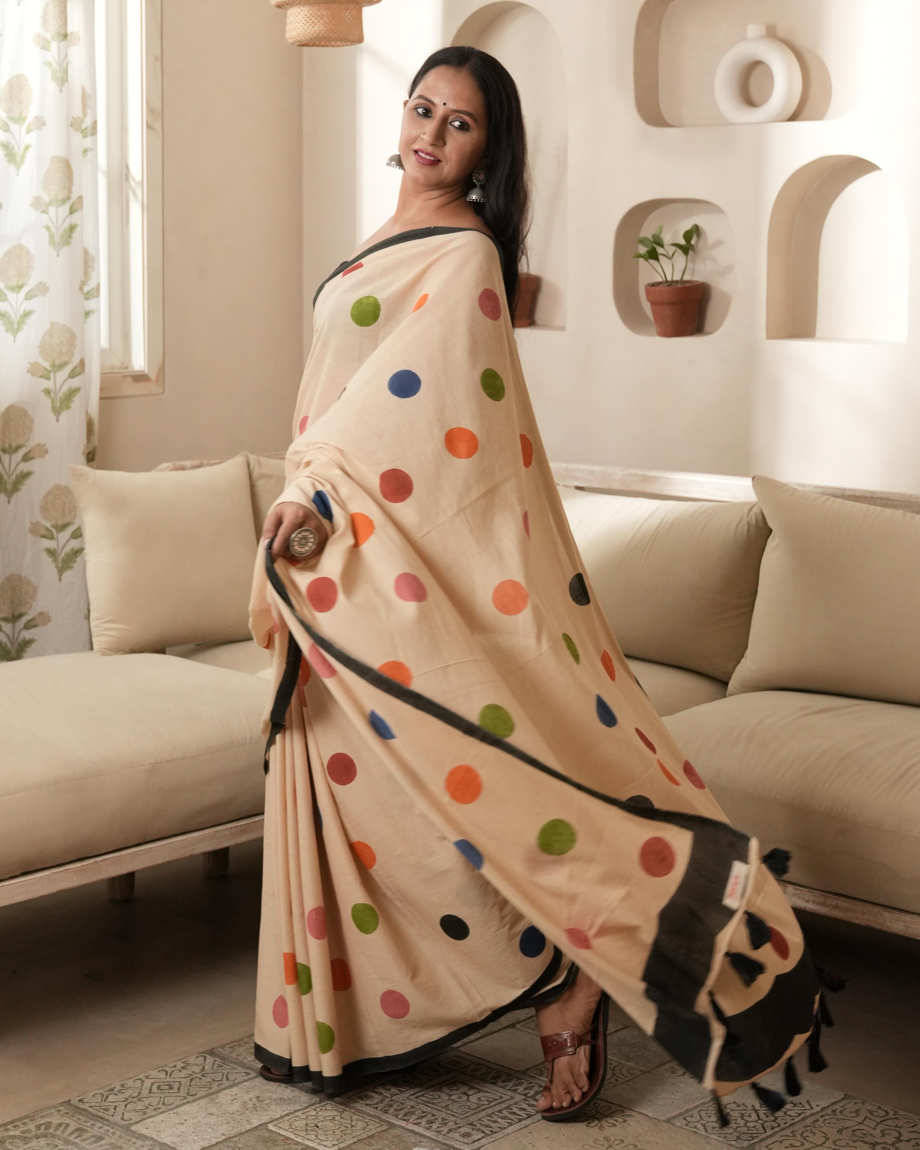 Tan Multi-Color Polka Dot Mul Saree with Tassels