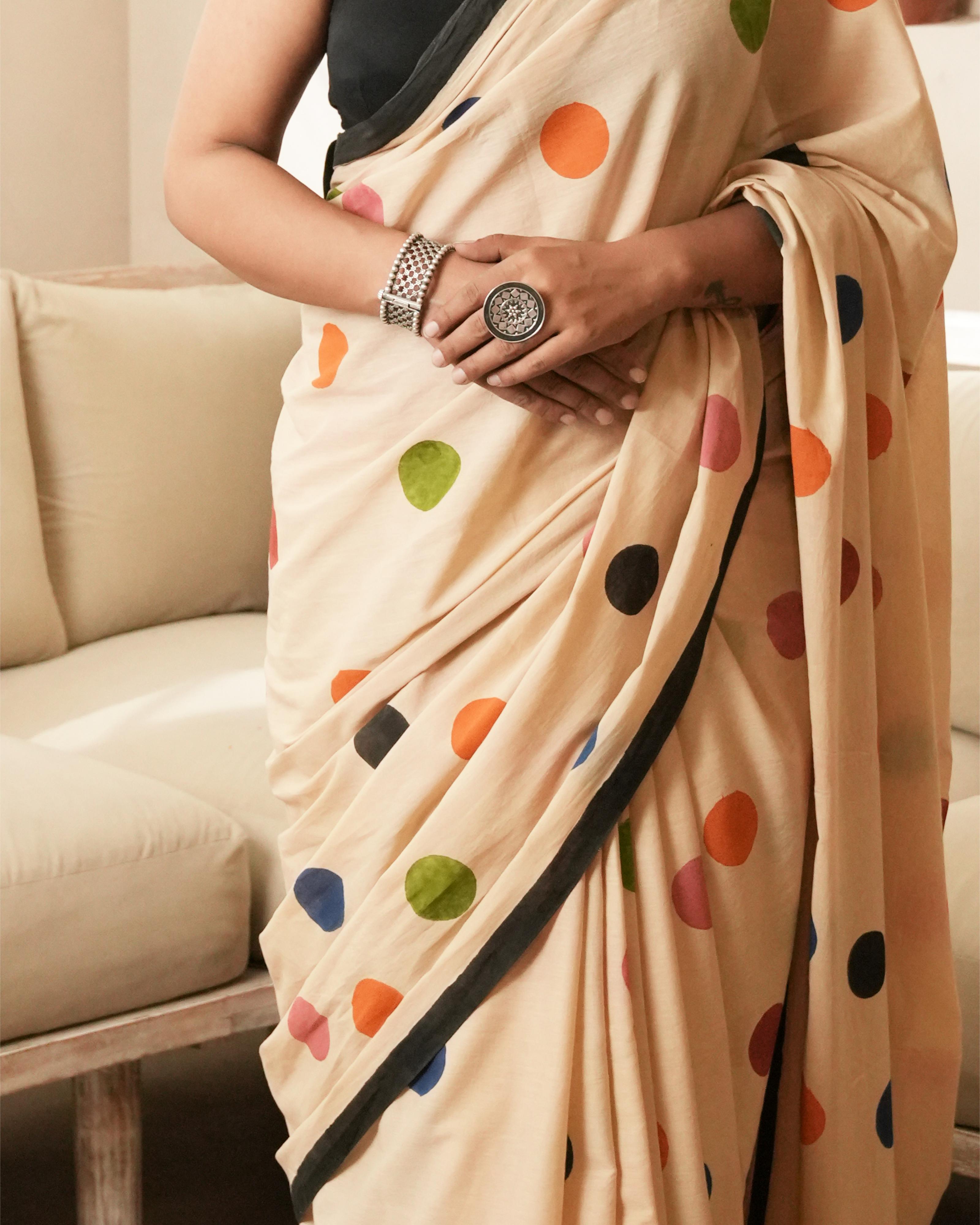 Tan Multi-Color Polka Dot Mul Saree with Tassels